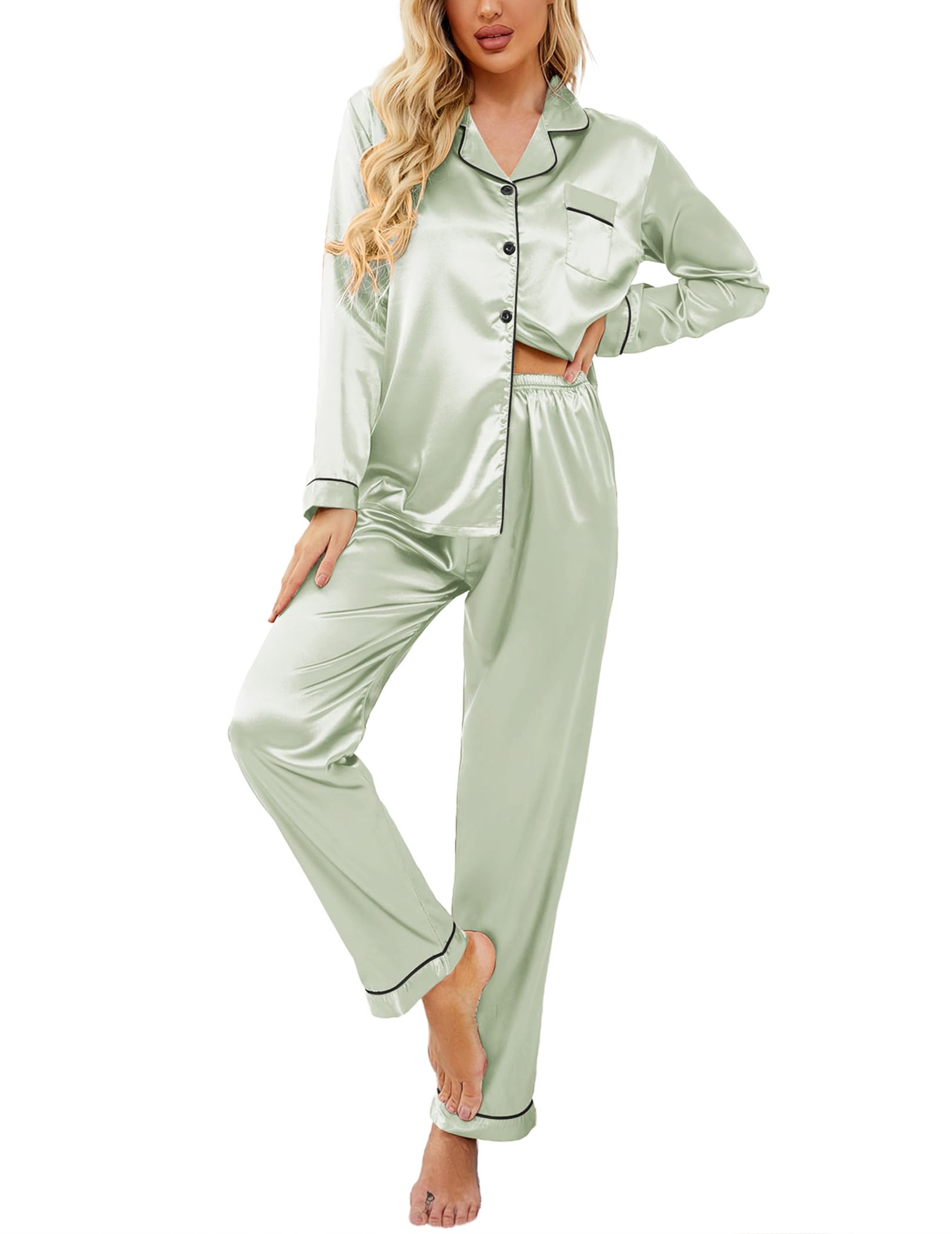 Ekouaer Women's Classic Button Down Long Satin Silk Pajama Set