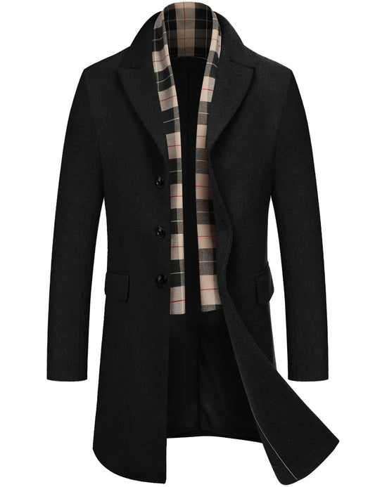 COOFANDY Men's Wool Blend Coat with Detachable Plaid Scarfs Notched Collar Single Breasted Pea Coat Black M