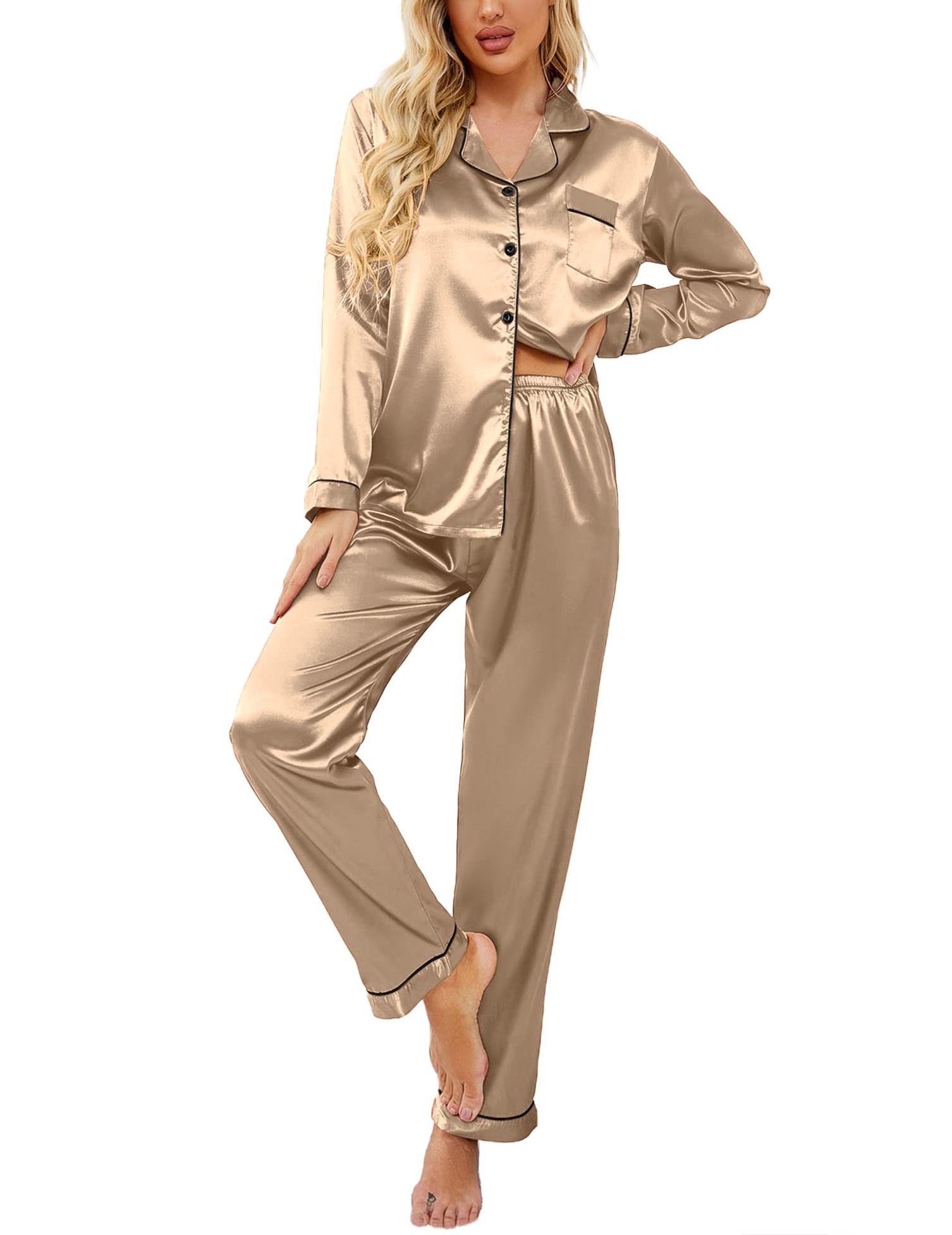 Ekouaer Women's Classic Button Down Long Satin Silk Pajama Set