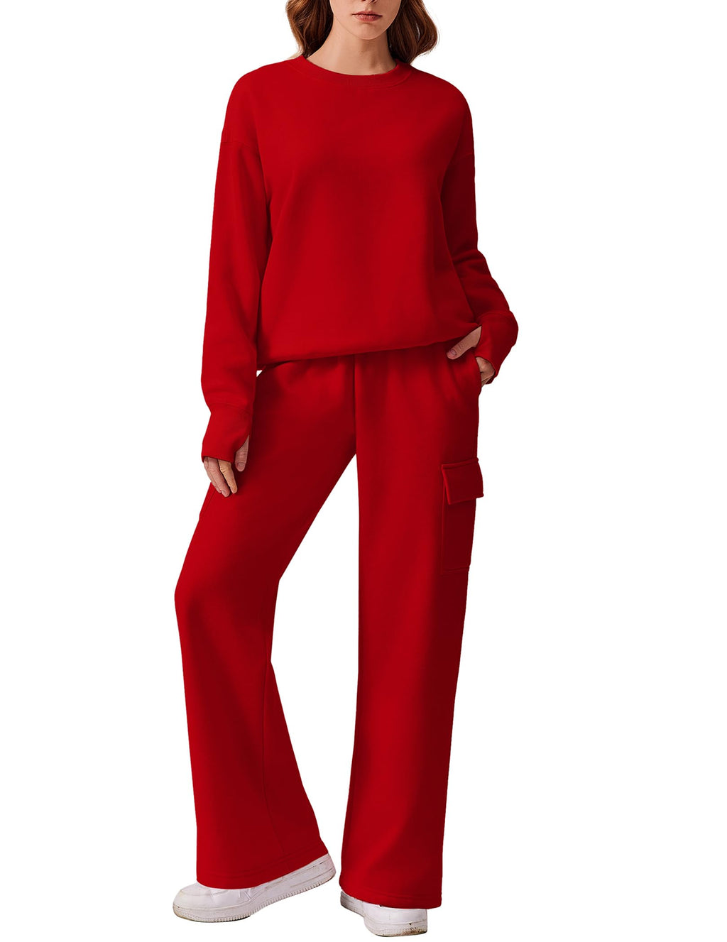 PINSPARK 2 Piece Sets for Women 2025 Fleece Sweatsuits Oversized Sweatshirts Wide Leg Cargo Sweatpants with Pockets Thumbhole