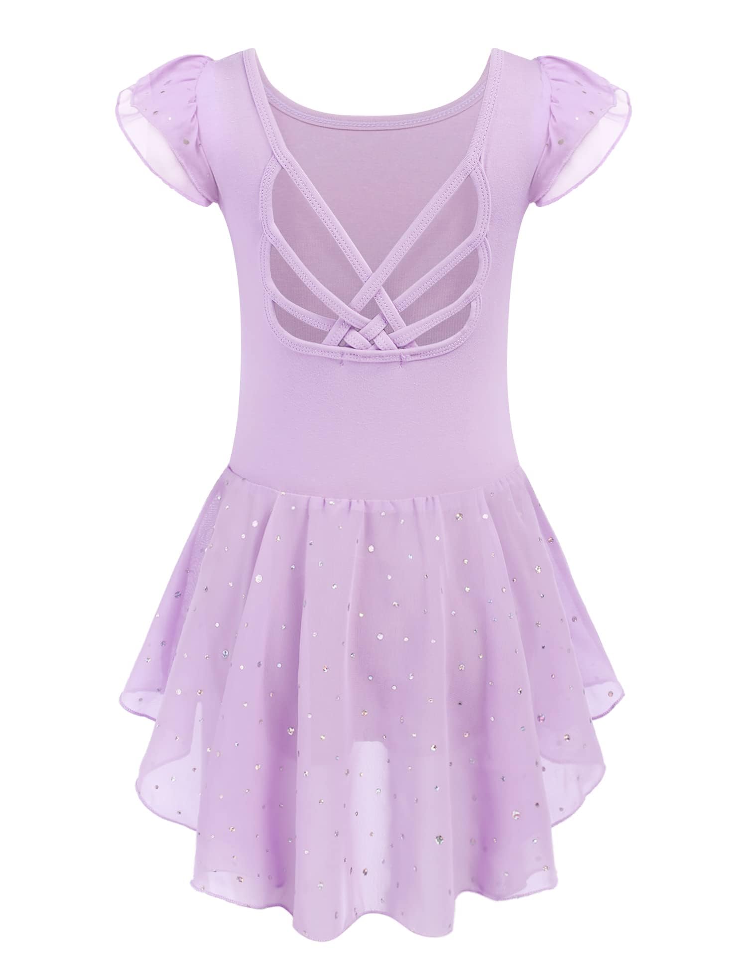 Arshiner Girls Shiny Ruffle Sleeve Ballet Leotard with Skirt Criss-Cross Back Dance Dresses