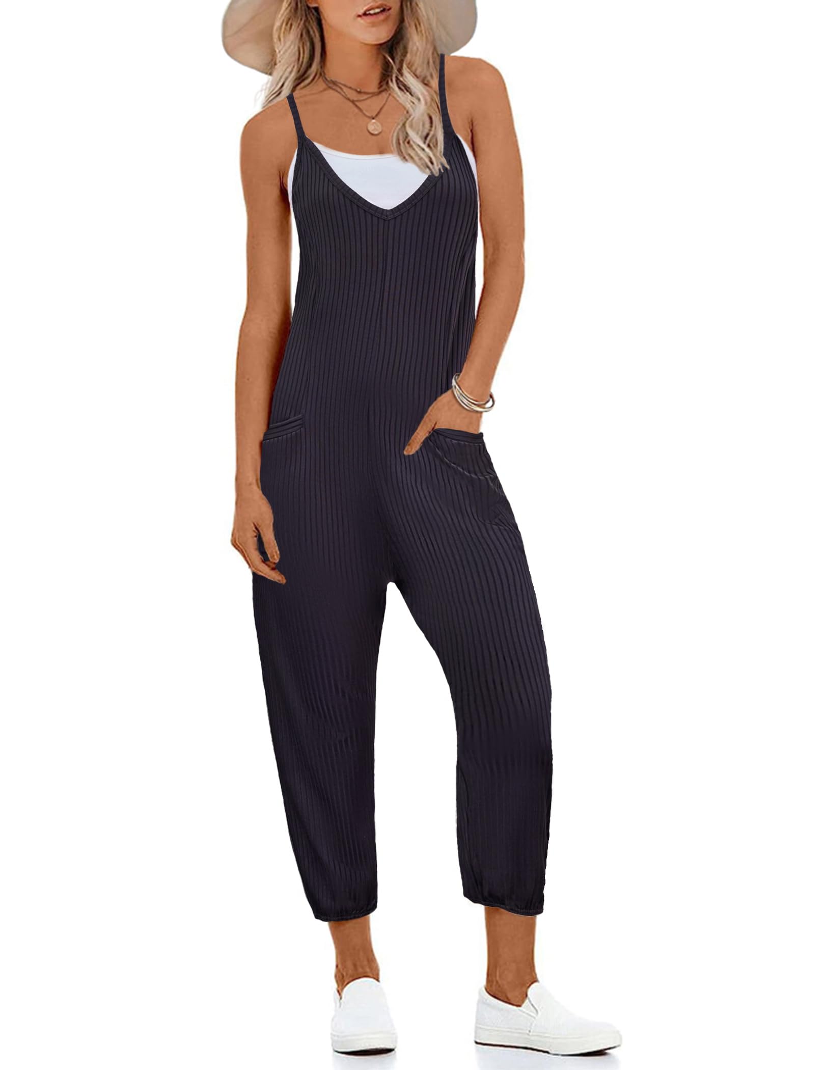 Ekouaer Jumpsuits for Women Sleeveless Spaghetti Strap Ribbed Overall Jumpsuit V Neck Summer Romper with Pockets 2025