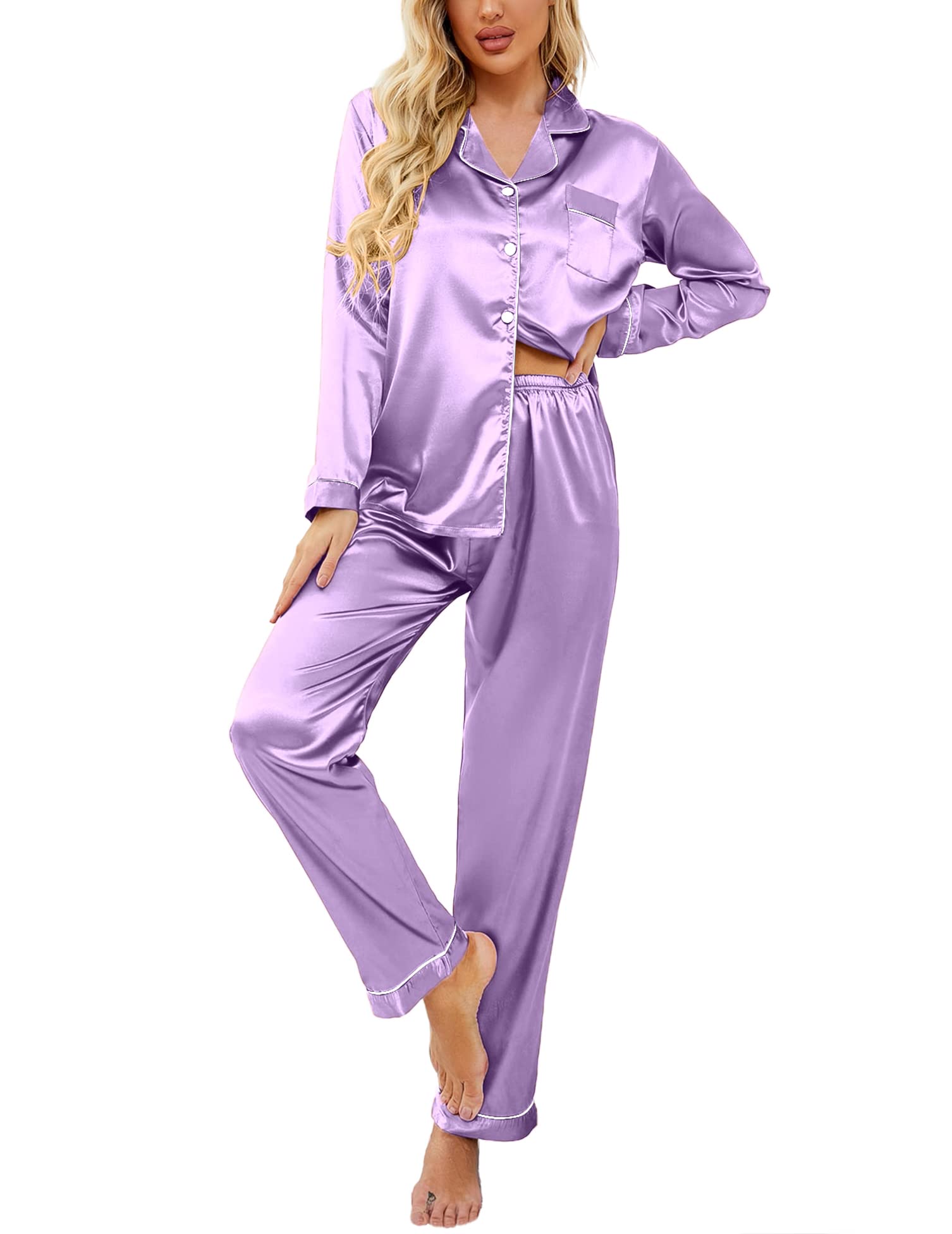 Ekouaer Women's Classic Button Down Long Satin Silk Pajama Set