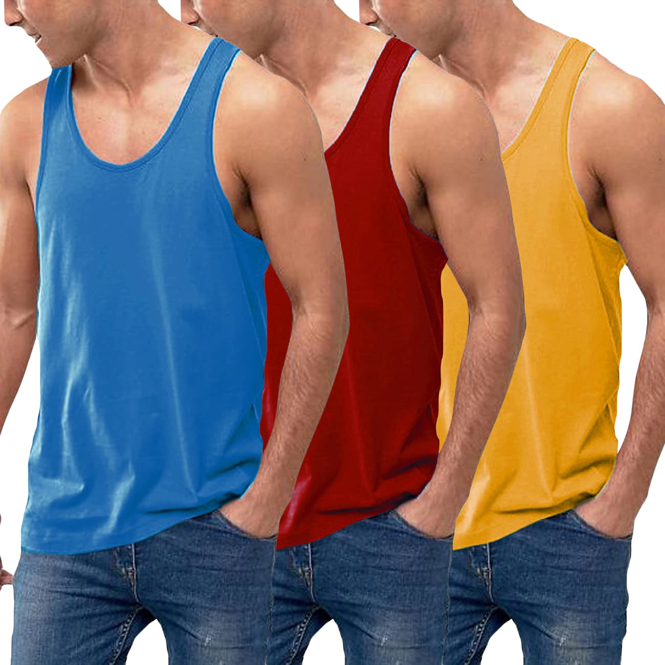 COOFANDY Men's 3 Pack Tank Tops Cotton Performance Sleeveless Casual Classic T Shirts (Blue/Red/Yellow, X_Large)