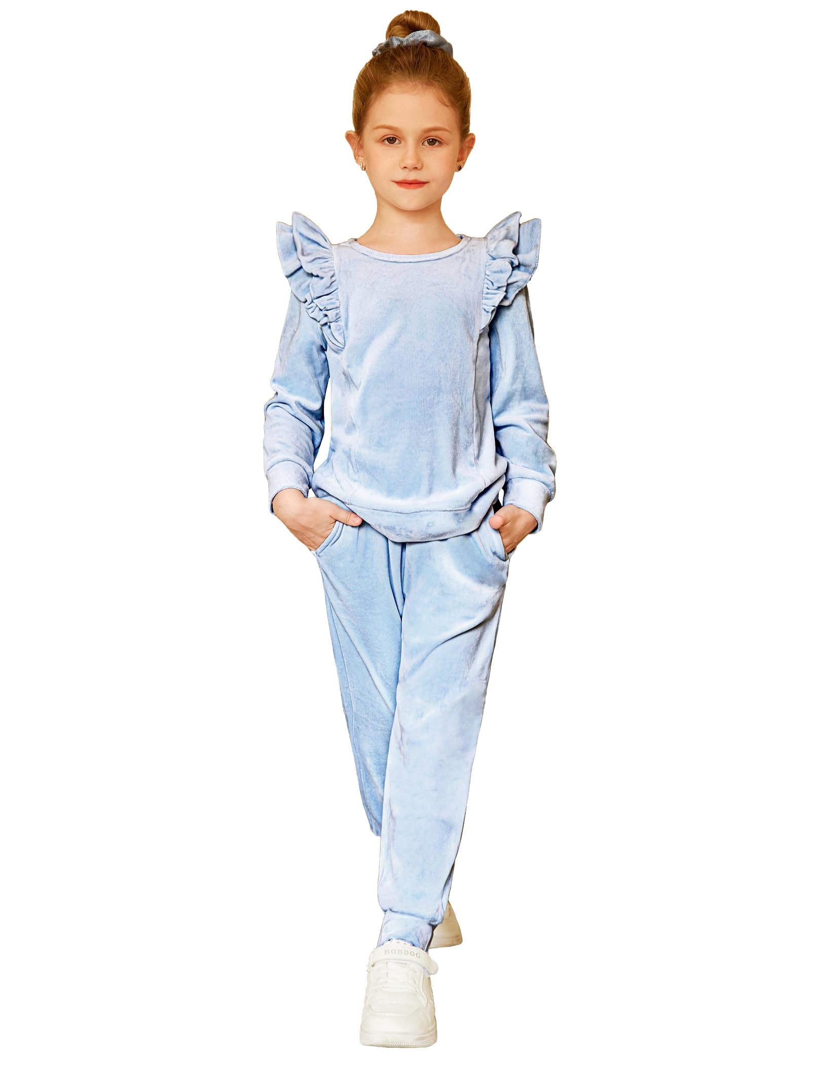 Arshiner Girls 2 Piece Outfits Velour Tracksuit Cute Clothes Sweatsuit Ruffle Pullover Sweatshirt Sweatpants Clothing Sets