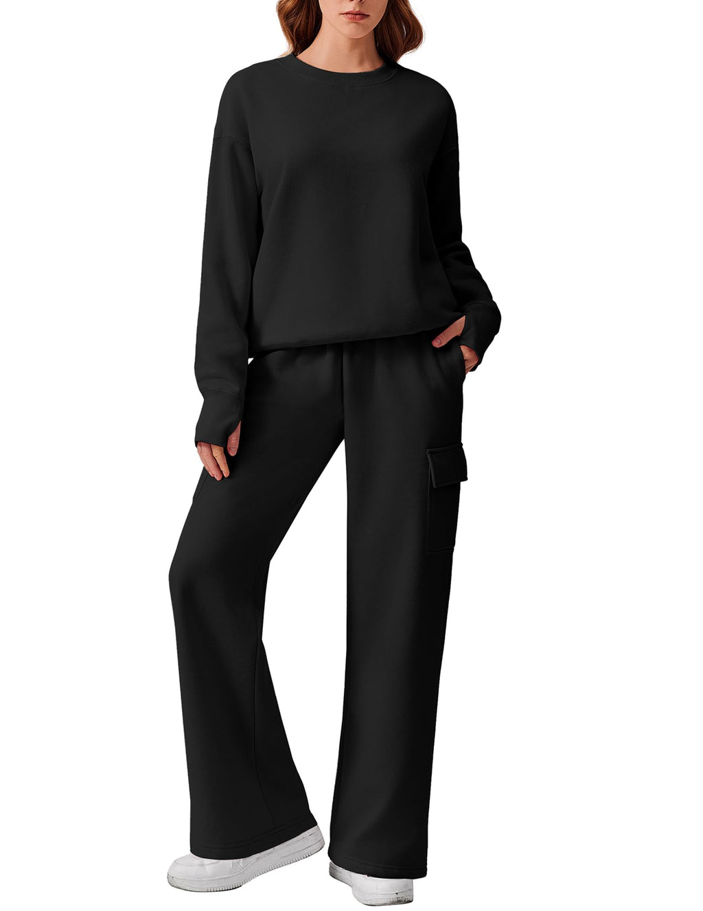 PINSPARK 2 Piece Sets for Women 2025 Fleece Sweatsuits Oversized Sweatshirts Wide Leg Cargo Sweatpants with Pockets Thumbhole