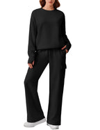 PINSPARK 2 Piece Sets for Women 2025 Fleece Sweatsuits Oversized Sweatshirts Wide Leg Cargo Sweatpants with Pockets Thumbhole