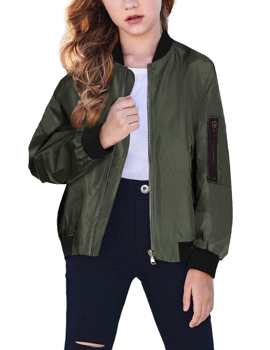 Arshiner Girls Bomber Jacket Casual Coat Zip Up Outerwear with Pockets for 4-12 Years