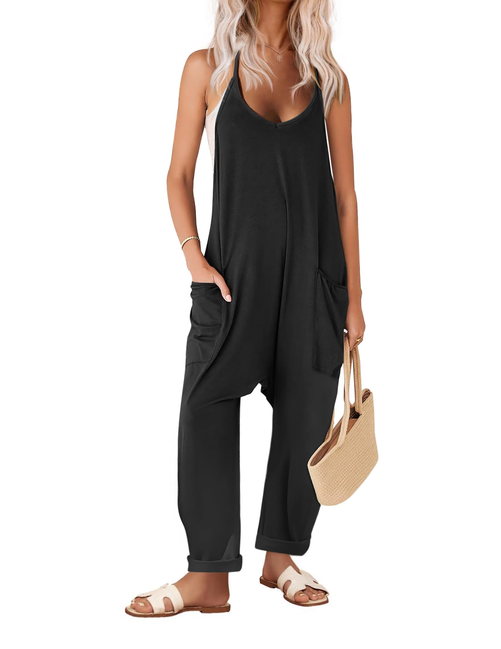 Ekouaer Womens Sleeveless Jumpsuit Loose Spaghetti Strap Baggy Overalls Jumpers Casual Long Pants Rompers with Pockets 2025