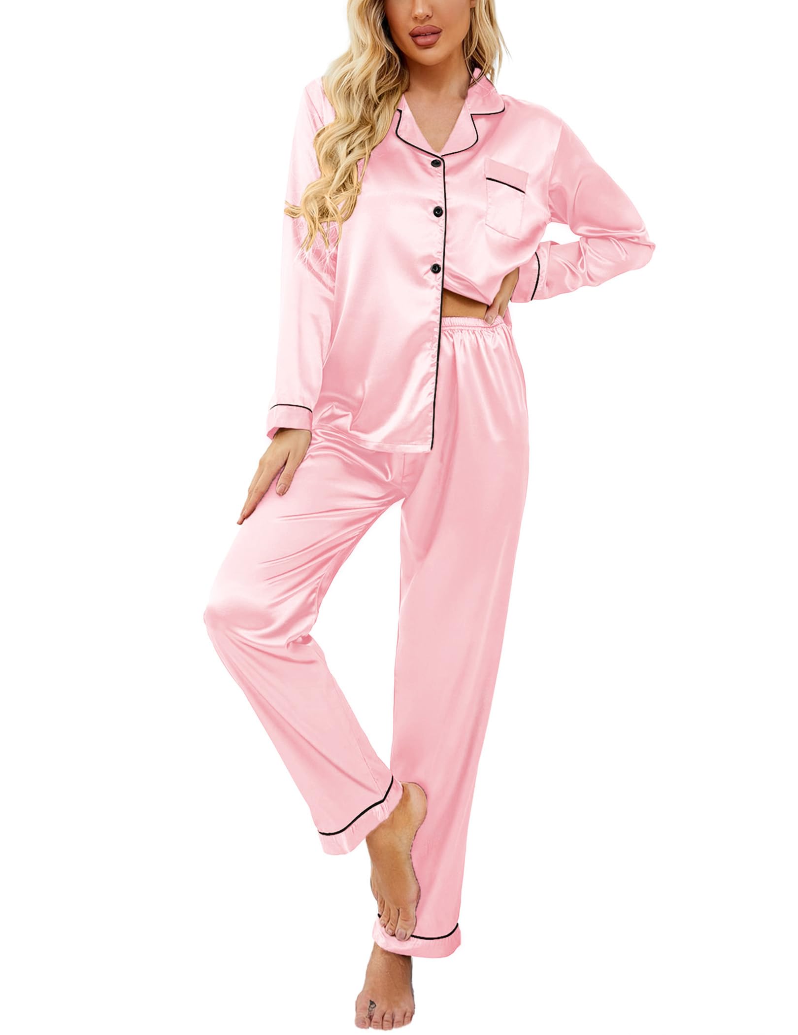 Ekouaer Women's Classic Button Down Long Satin Silk Pajama Set