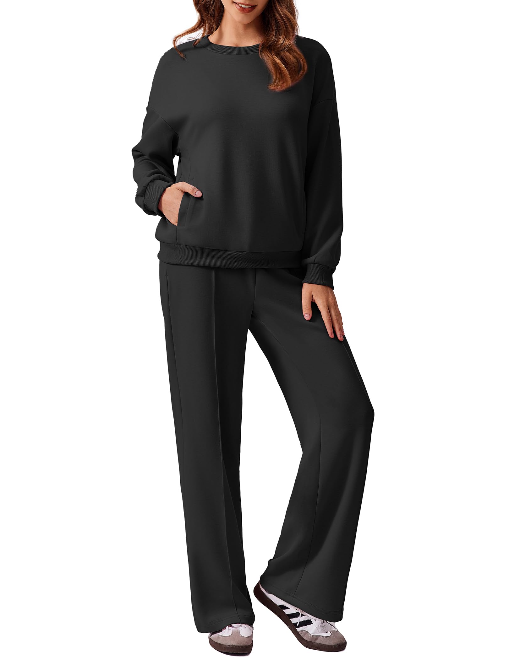 PINSPARK 2 Piece Sets For Women Long Sleeve Sweatshirts Drawstring Straight Leg Pants Fall Travel Airport Outfits 2025