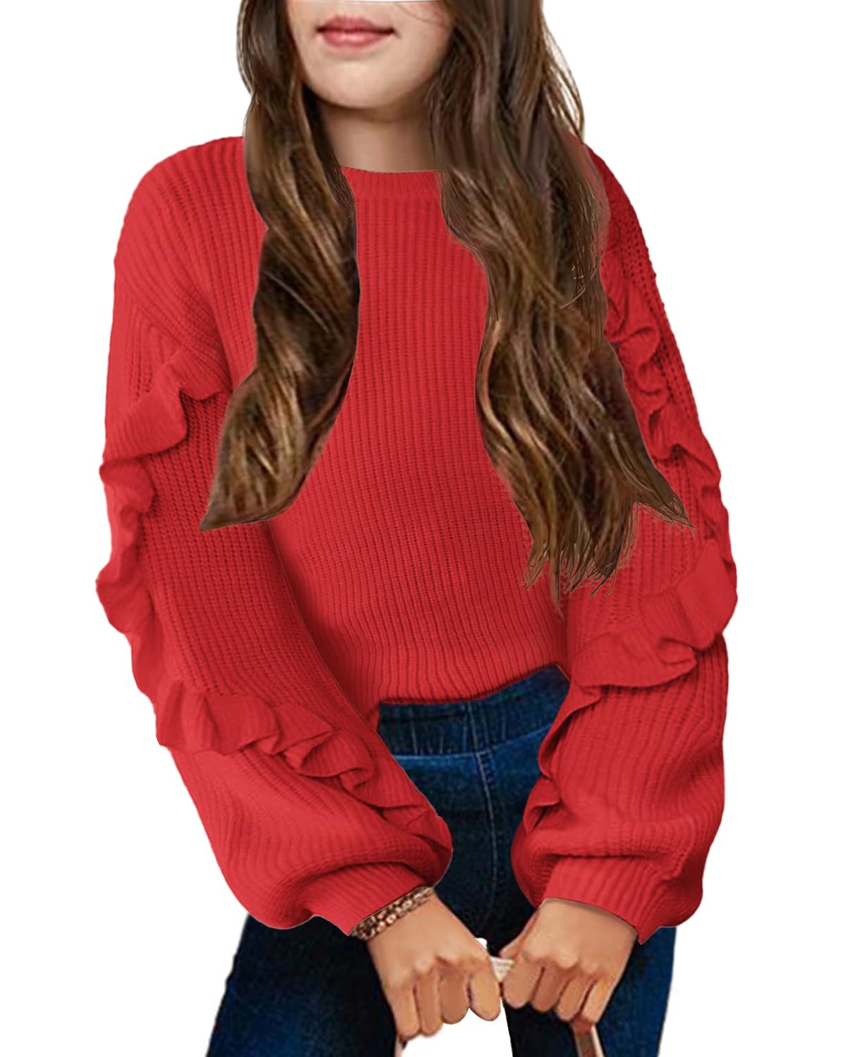 Arshiner Girls Long Lantern Sleeve Sweaters Crew Neck Knit Pullover Jumper Top