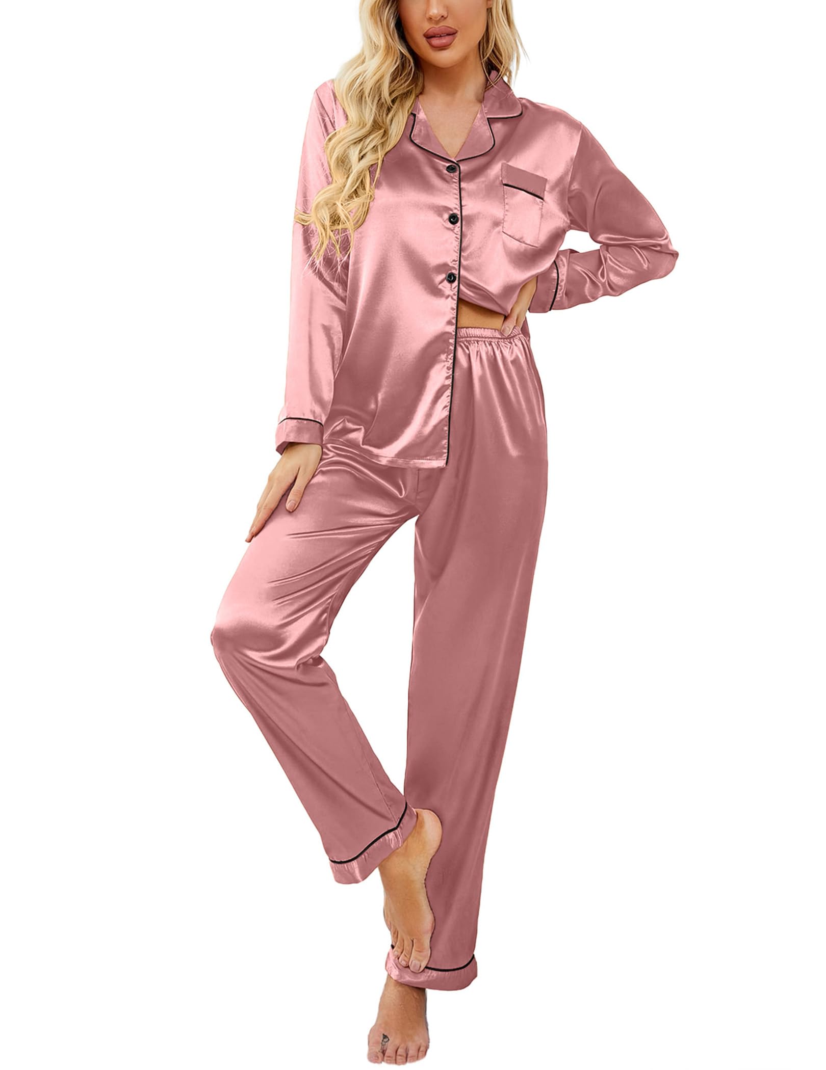 Ekouaer Women's Classic Button Down Long Satin Silk Pajama Set