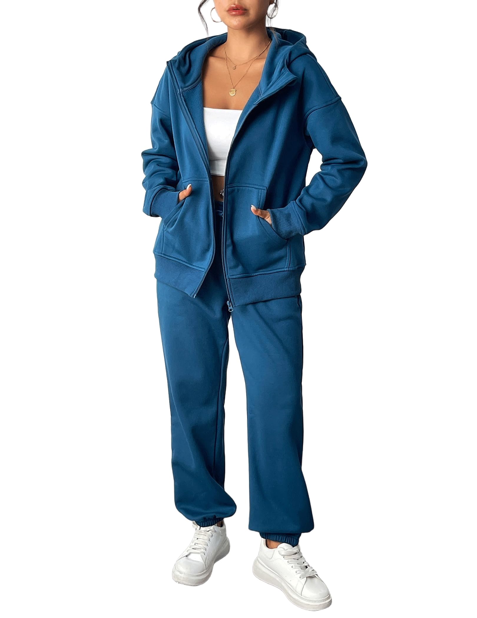 PINSPARK 2 Piece Sets for Women Fleece Sweatsuits Zip Up Hoodie Sweatshirts Drawstring Jogger Sweatpants With Pockets 2024