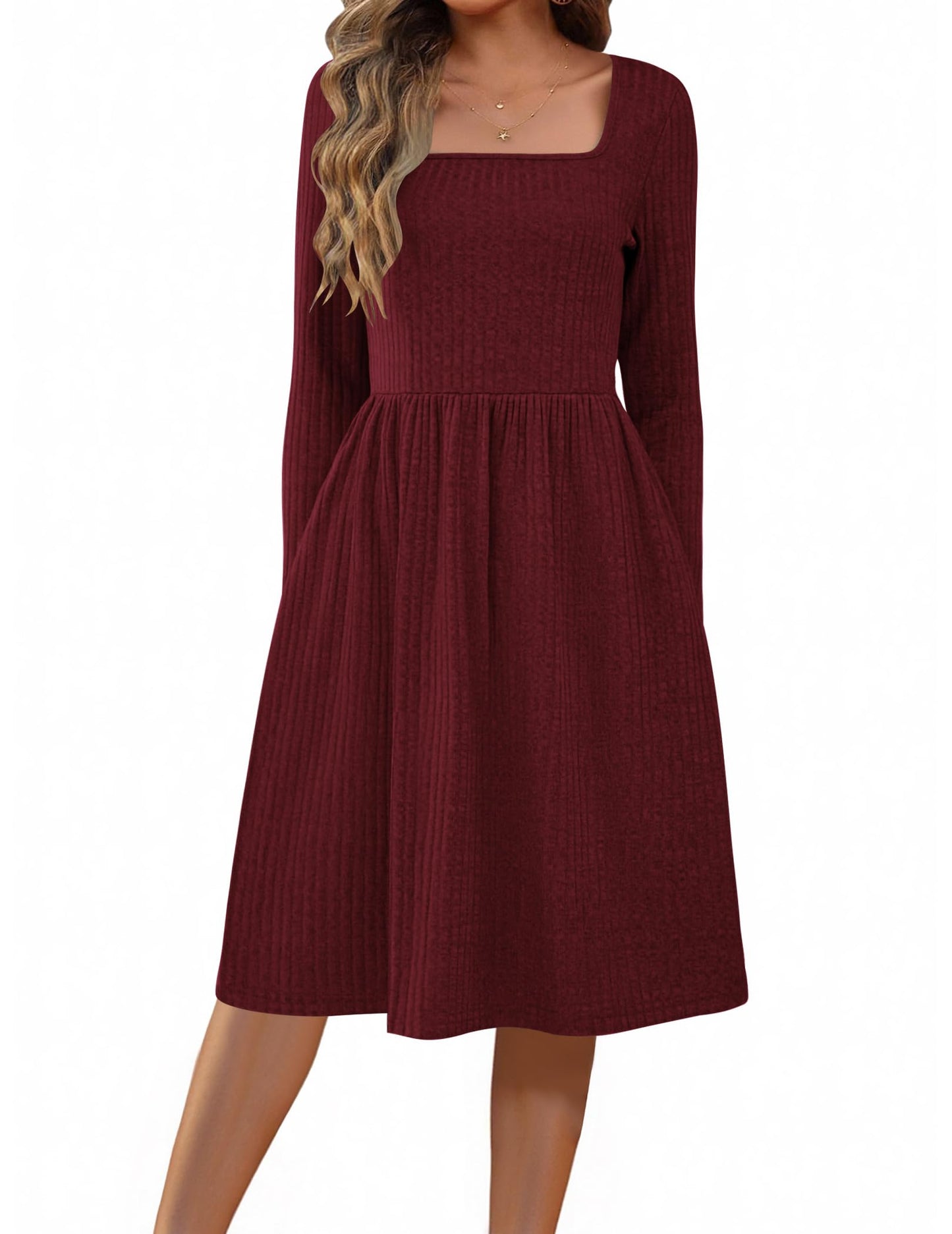 Zeagoo Womens Casual Sweater Dress Square Neck Knit Long Sleeve Dress with Pockets A-Line Knee Length Fall Winter Dress