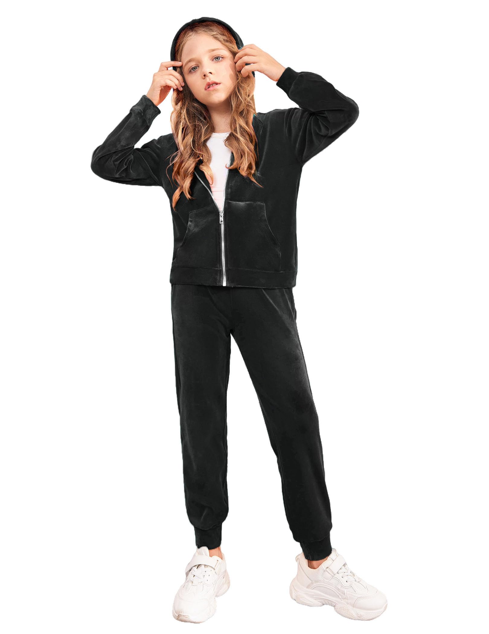 Arshiner 2 Piece Outfits for Girls Velour Tracksuit Hoodie and Jogger Set Sweatsuit Athletic Clothes Sets