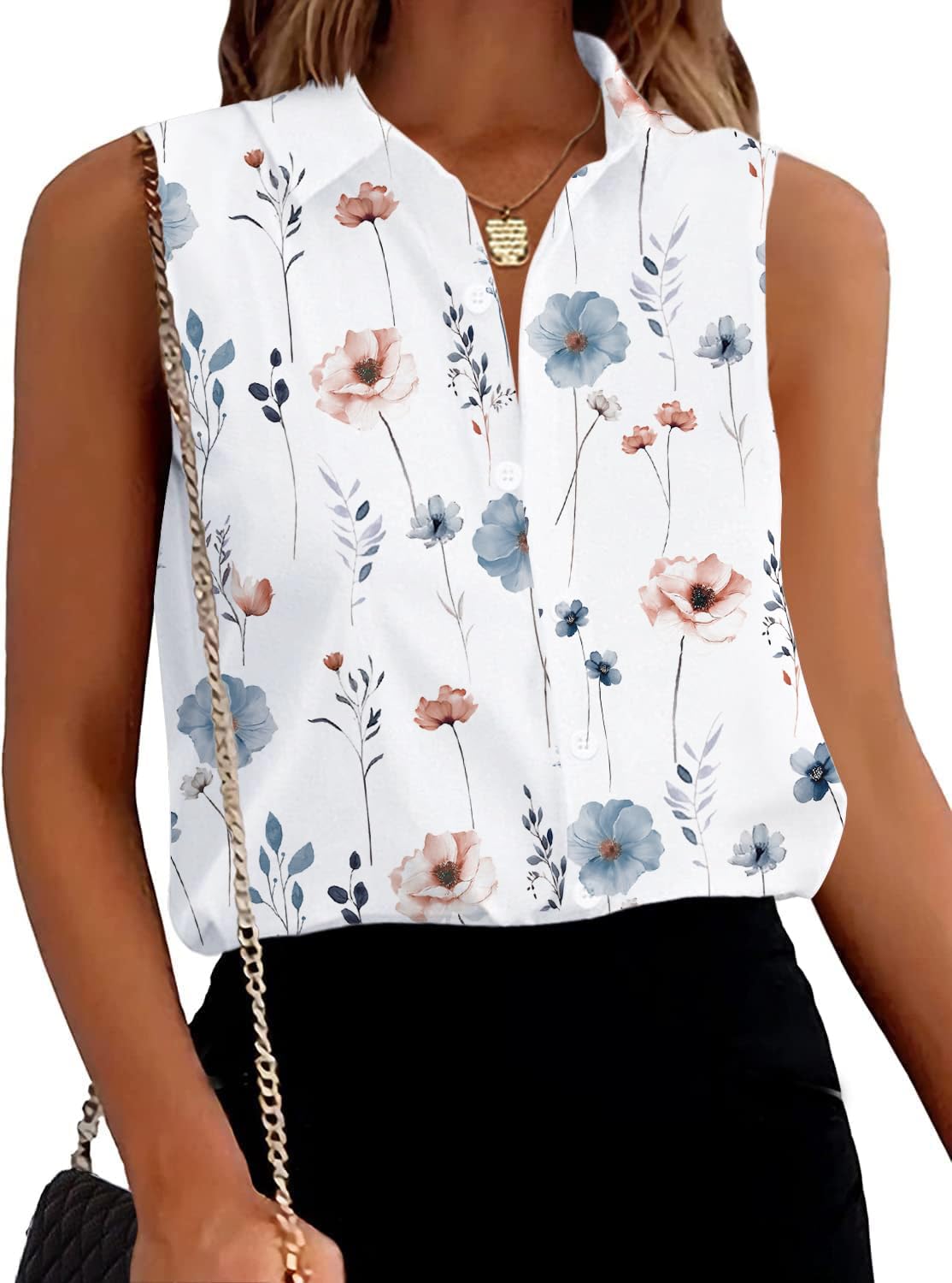 Zeagoo Sleeveless Blouses for Women Summer Casual Button Down Shirts Flower Tank Tops Fashion