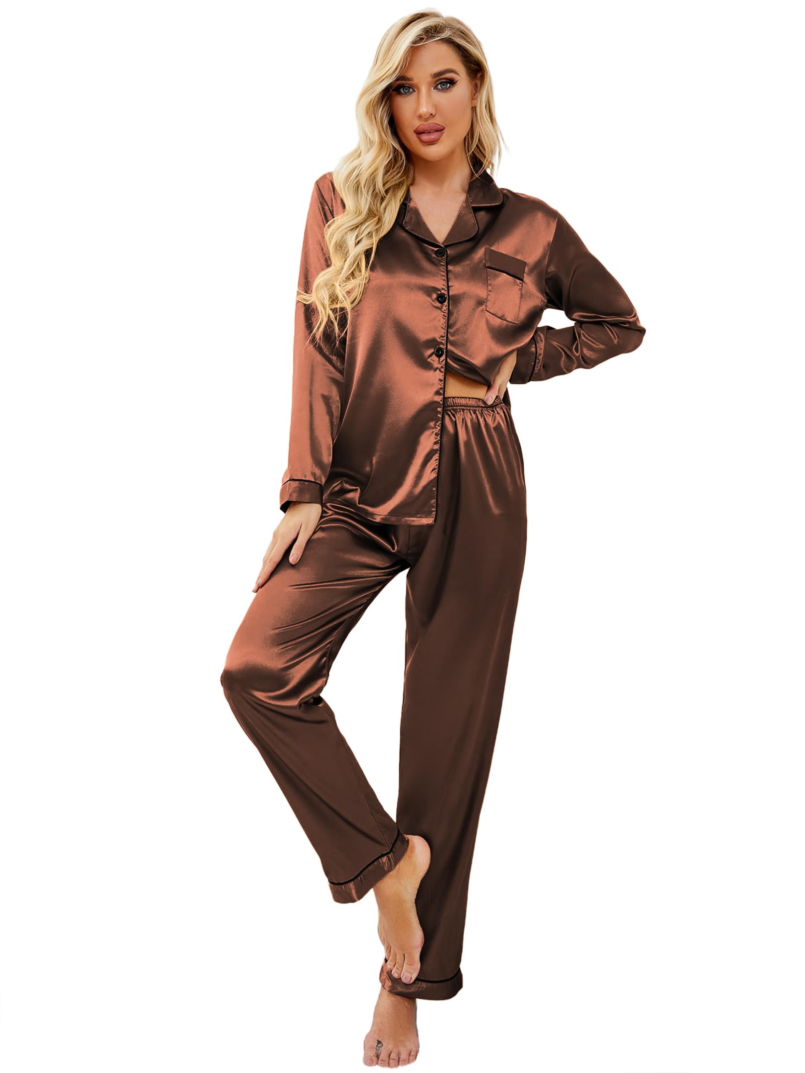 Ekouaer Women's Classic Button Down Long Satin Silk Pajama Set
