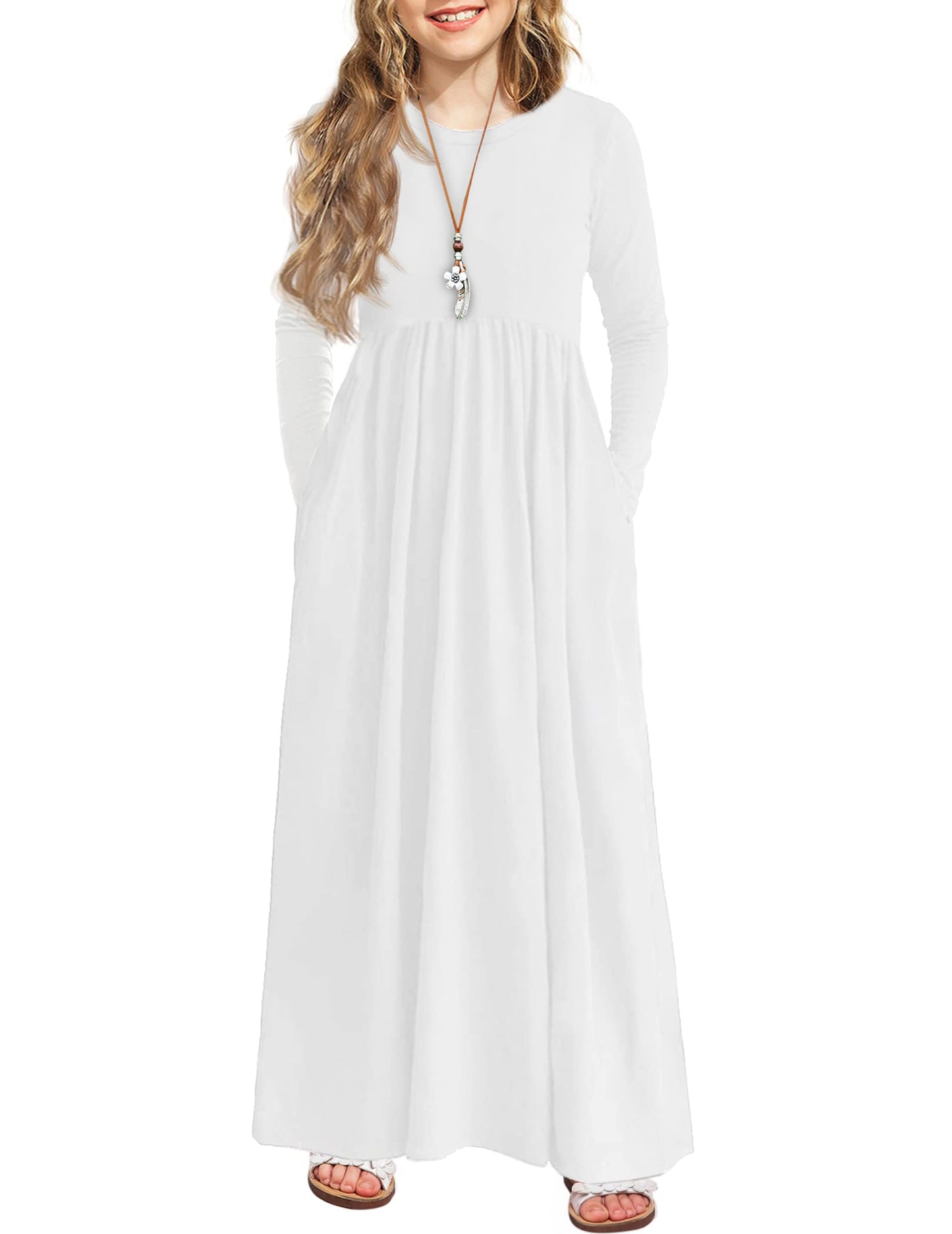 Arshiner Girl's Long Sleeve Floral Print Loose Casual Holiday Long Maxi Dress with Pockets