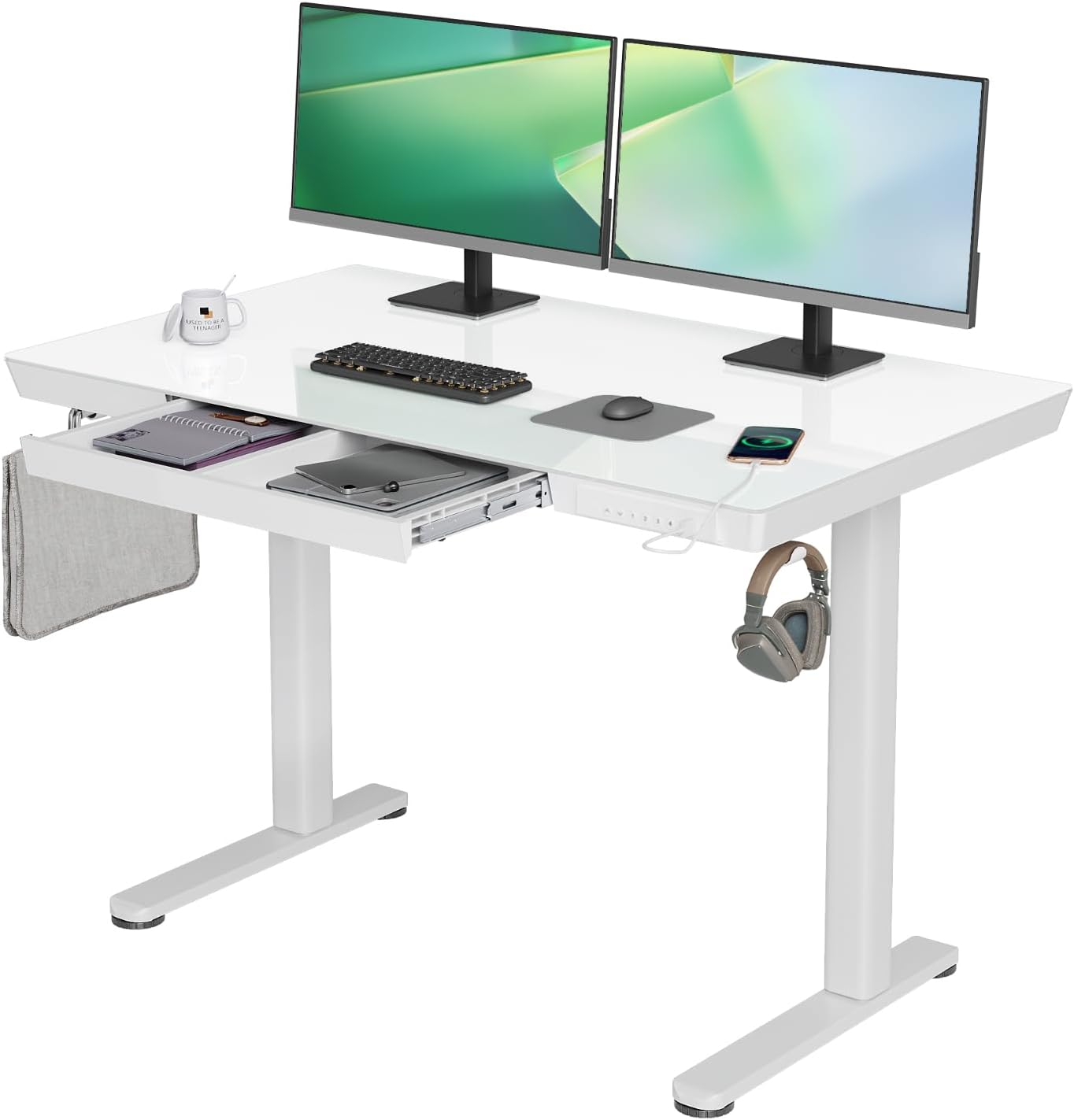 Smart Lift Table - Glass Standing Desk with Drawers, 48 x 24 Inch Electric Stand Up Desk with USB Ports, Adjustable Height for Home Office