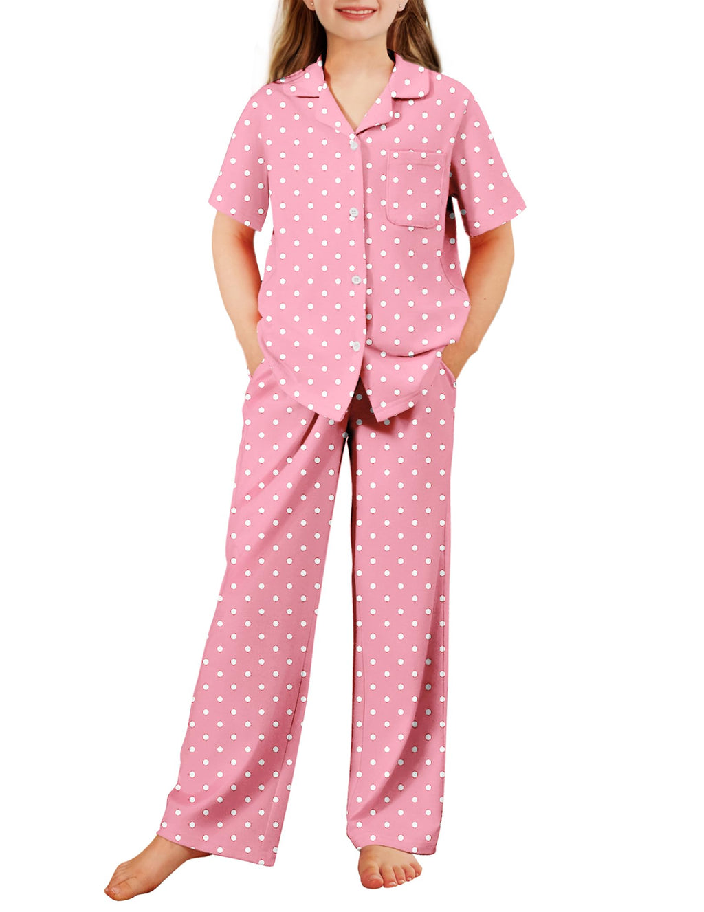 Arshiner Pajamas for Girls Short Sleeve Long Pants Outfit 2 Piece Sleepwear Button Pjs Sets