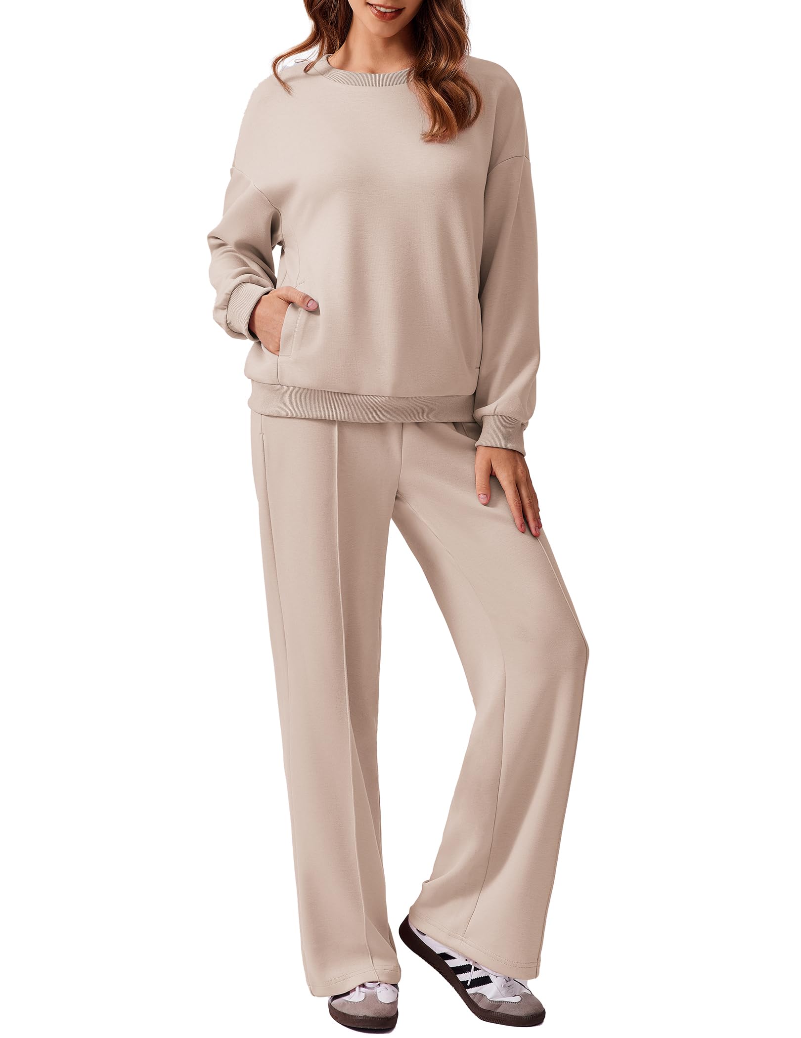 PINSPARK 2 Piece Sets For Women Long Sleeve Sweatshirts Drawstring Straight Leg Pants Fall Travel Airport Outfits 2025