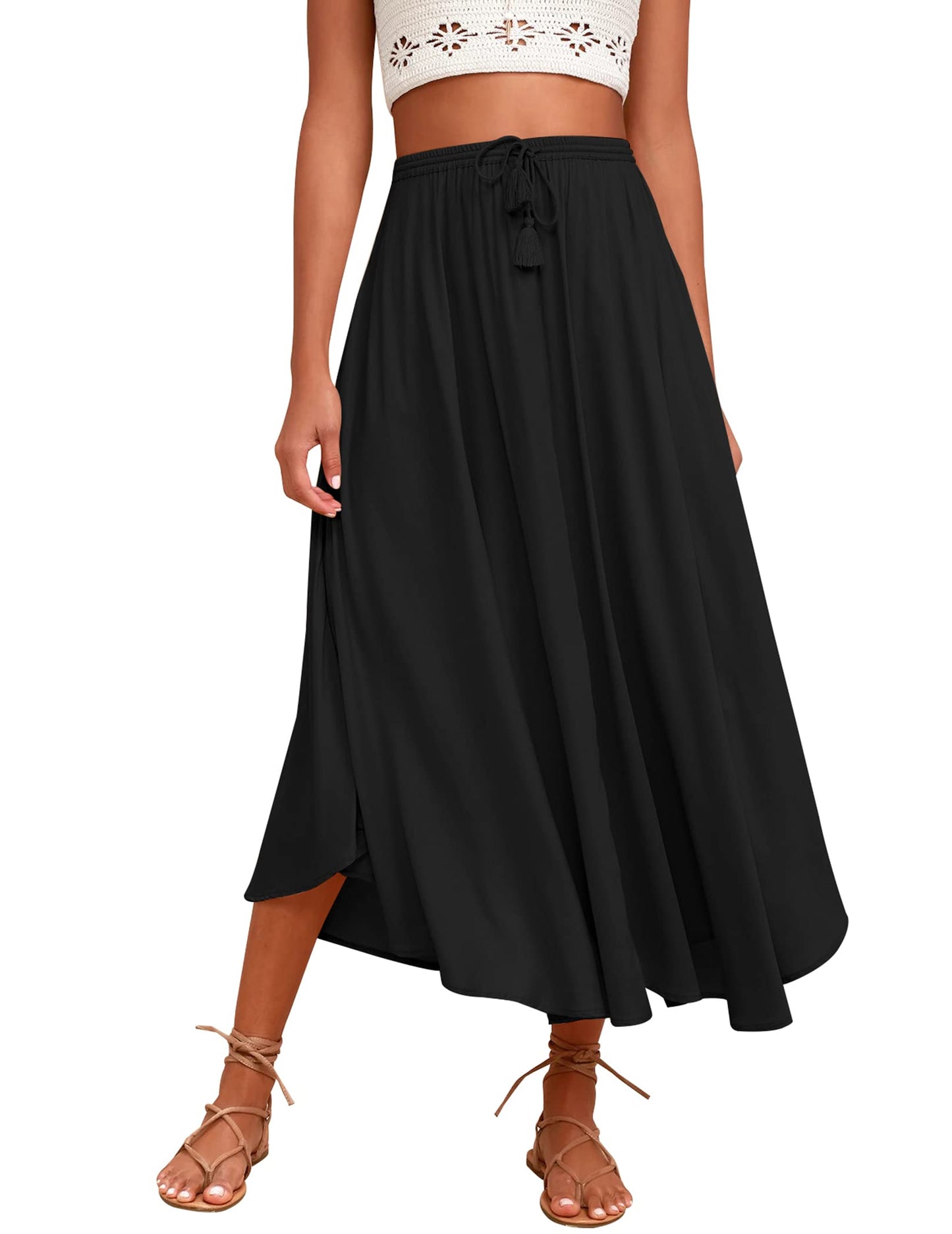 Zeagoo Womens Flowy Pleated Skirts A Line Elastic High Waisted Midi Skirt Boho Casual Long Skirts Brown Leaf Print XXL