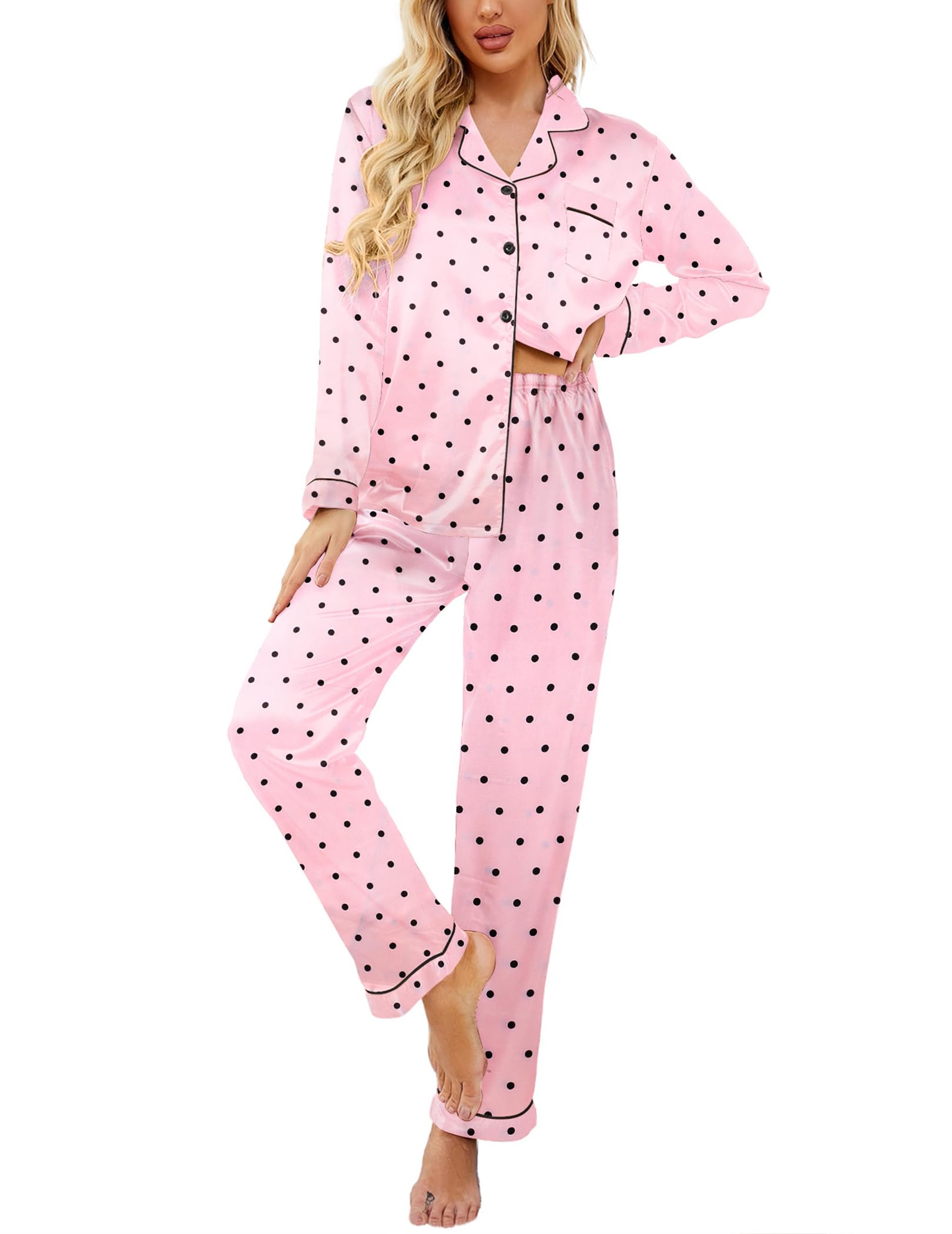 Ekouaer Women's Classic Button Down Long Satin Silk Pajama Set