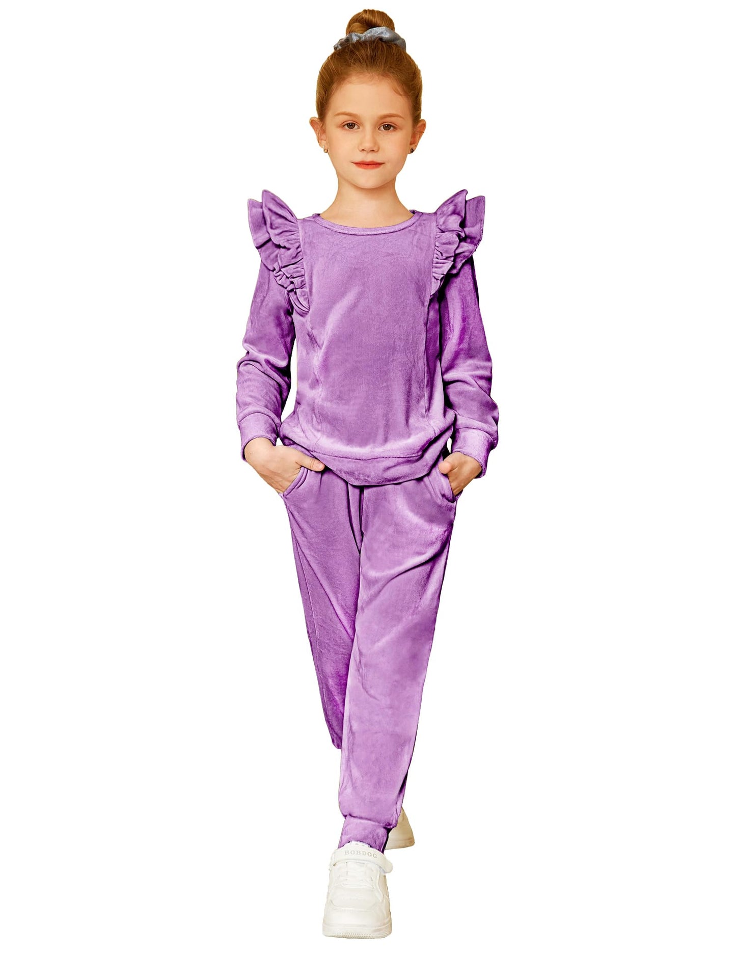 Arshiner Girls 2 Piece Outfits Velour Tracksuit Cute Clothes Sweatsuit Ruffle Pullover Sweatshirt Sweatpants Clothing Sets