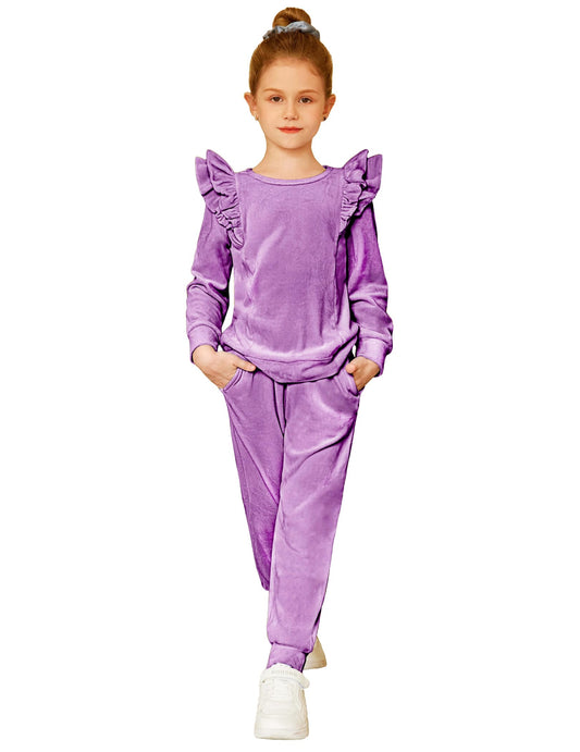 Arshiner Girls 2 Piece Outfits Velour Tracksuit Cute Clothes Sweatsuit Ruffle Pullover Sweatshirt Sweatpants Clothing Sets