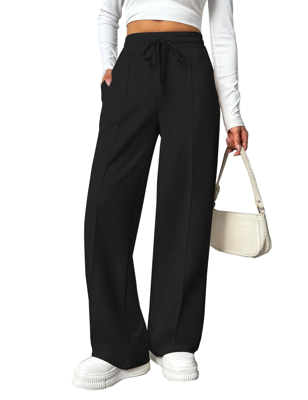 PINSPARK Wide Leg Sweatpants Women High Waisted Baggy Sweat Pants Elastic Elevated Seams Loose Active Pants with Pockets
