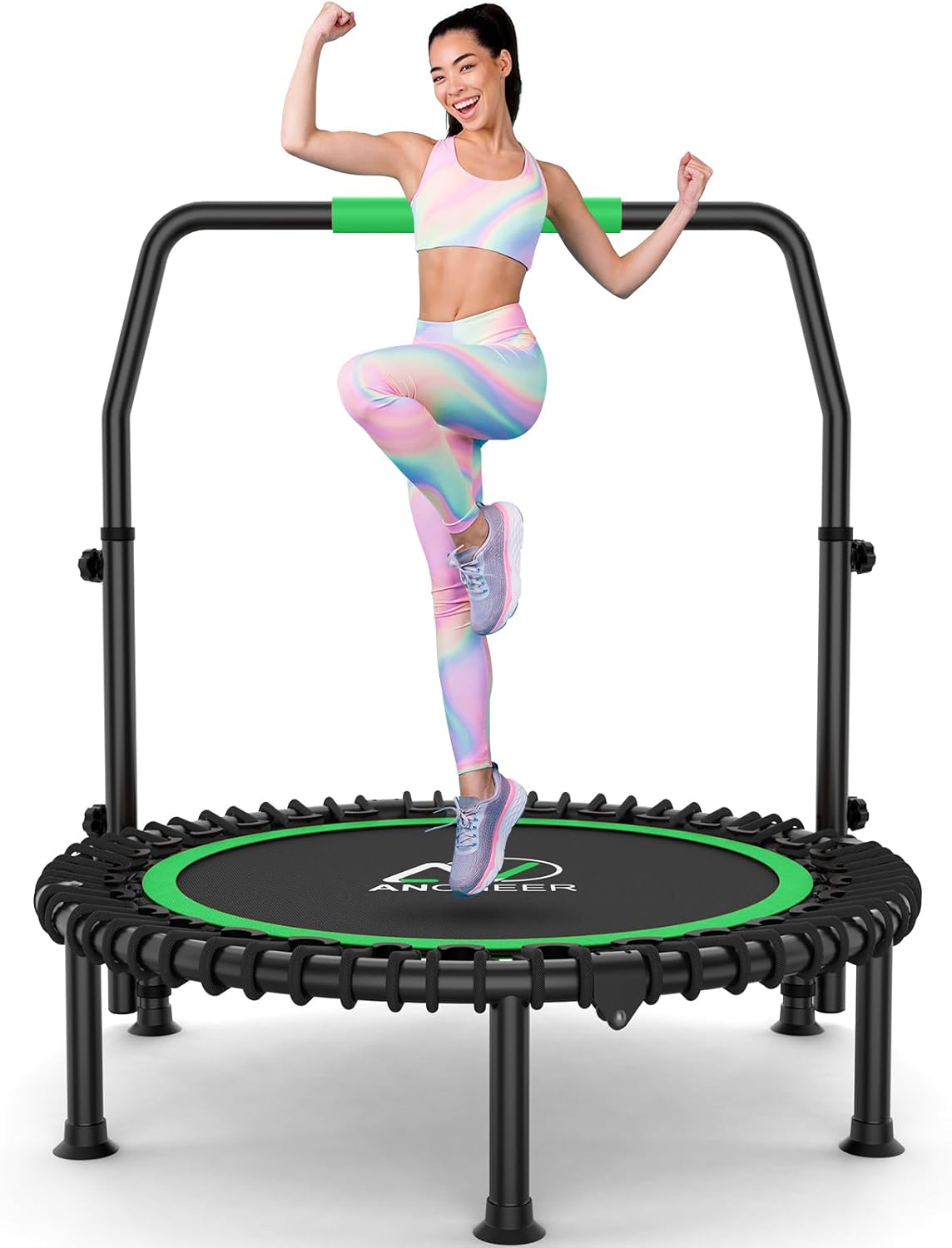 Sports Equipment  Rebounder Trampoline 40" Bungee Rebounder with 4-Level Adjustable Handle,Mini Trampoline Max 400 LBS Heavy-Duty Fitness Trampoline, Waterproof UV-Resistant Indoor Outdoor Exercise Trampoline（green）