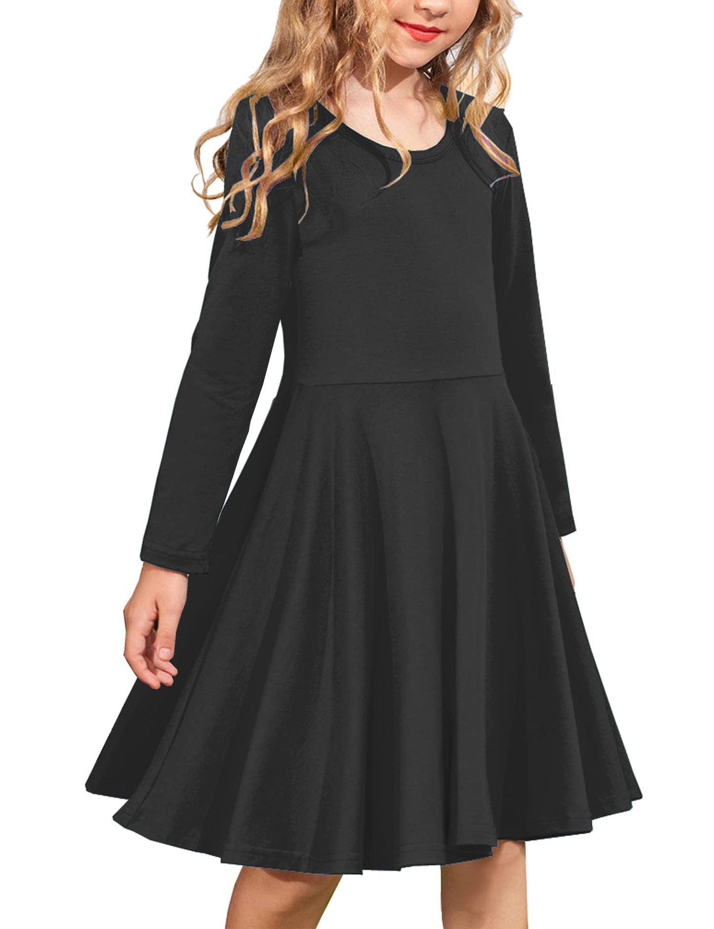 Arshiner Girls Long Sleeve Stretchy Dress A line Twirly Skater School Party Dress