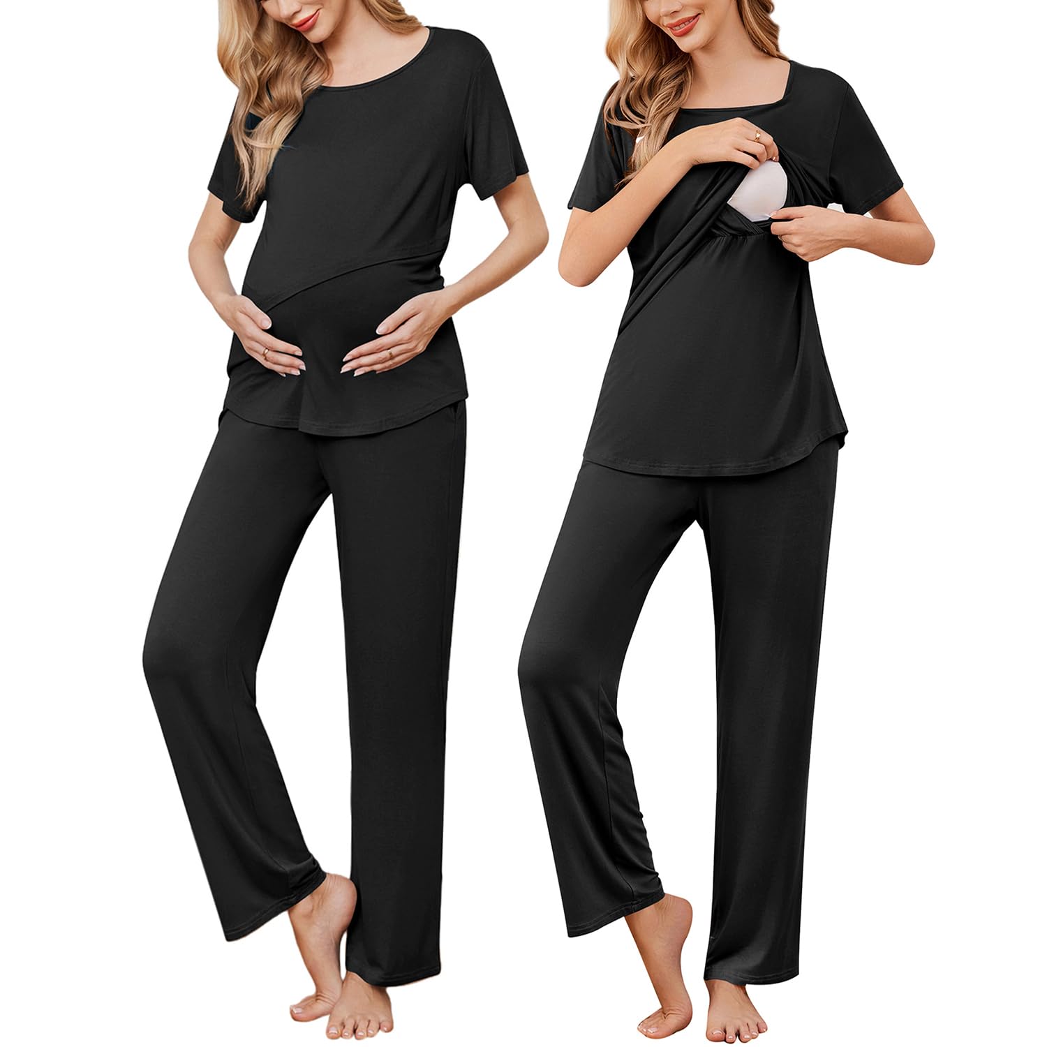 Ekouaer Women's Nursing Pajamas Maternity Pajama Postpartum PJS Breastfeeding Short Sleeve Top & Pants Sets with Pockets