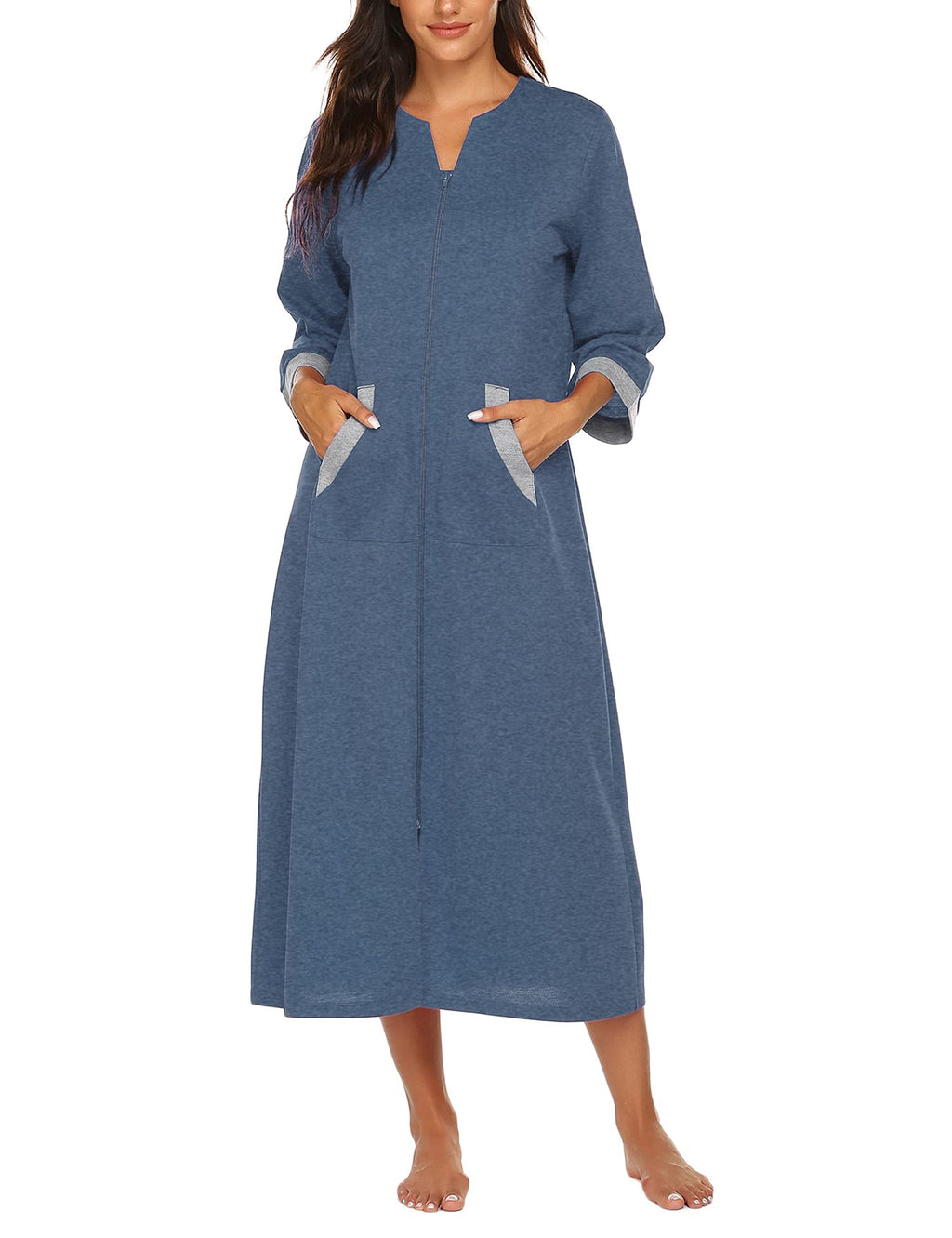 Ekouaer Women Zipper Robe 3/4 Sleeves Loungewear Dress Full Length Sleepwear Pockets Housecoat Nightgown Long Bathrobe