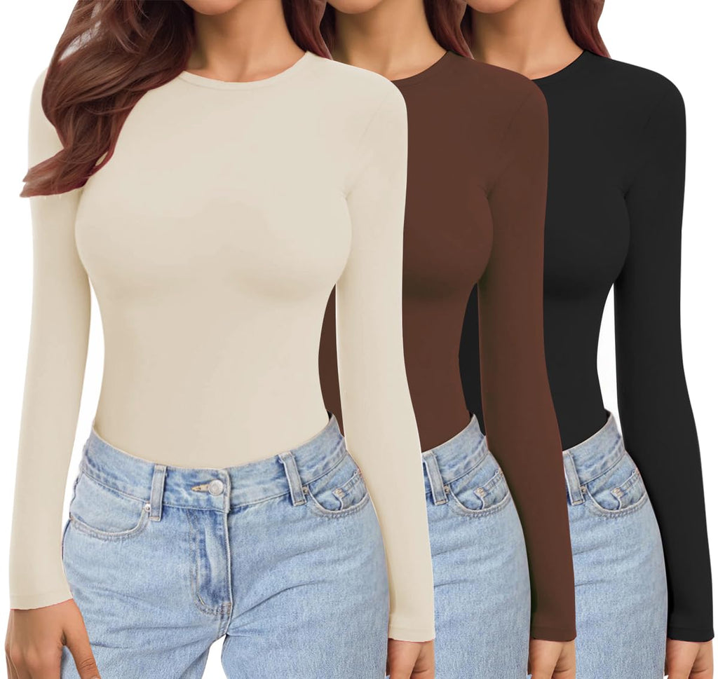 Ekouaer Women's Long Sleeve Shirts Tight Fitted Tops Crewneck Underscrubs Tee Lightweight Basic Thermal Undershirts