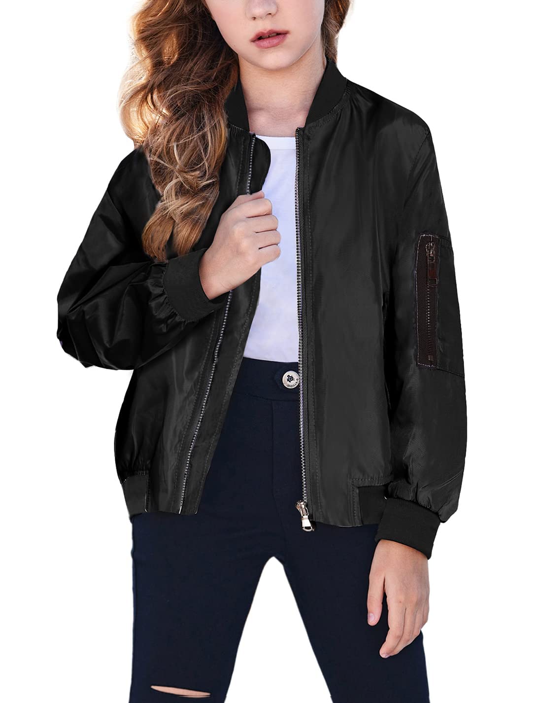 Arshiner Girls Bomber Jacket Casual Coat Zip Up Outerwear with Pockets for 4-12 Years