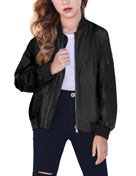 Arshiner Girls Bomber Jacket Casual Coat Zip Up Outerwear with Pockets for 4-12 Years
