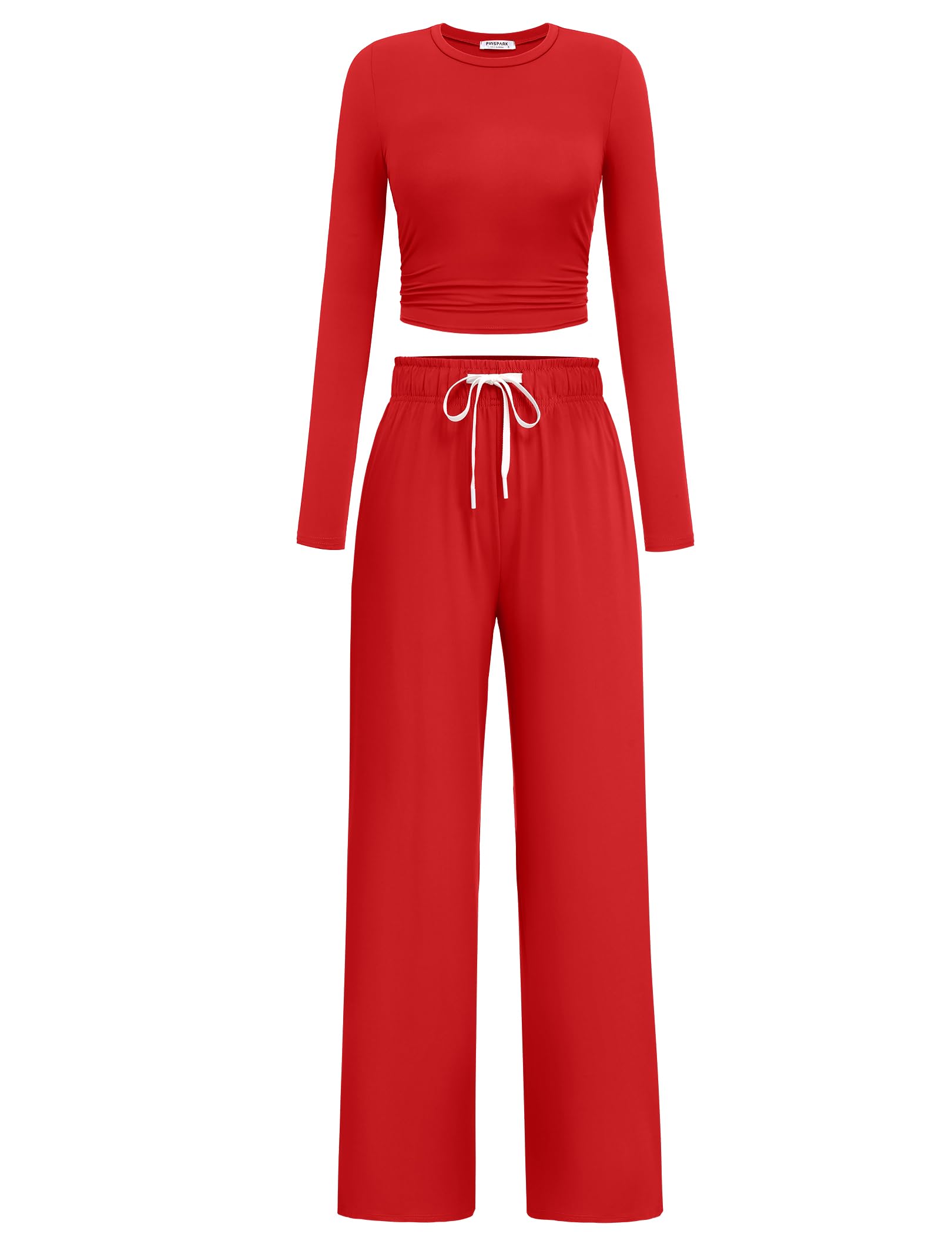 PINSPARK Women 2 Piece Lounge Set Long Sleeve Cropped Top Wide Leg Pants with Pockets 2024 Fall Outfits Matching Tracksuit