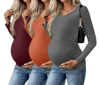 Ekouaer Womens Maternity Shirts Long Sleeve 3 Packs Pregnancy V-Neck Clothes Side Ruched Blouse Tops for Mama S-XXL