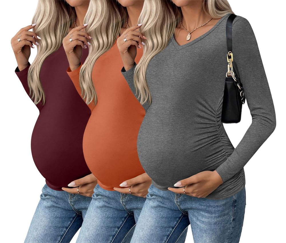 Ekouaer Womens Maternity Shirts Long Sleeve 3 Packs Pregnancy V-Neck Clothes Side Ruched Blouse Tops for Mama S-XXL