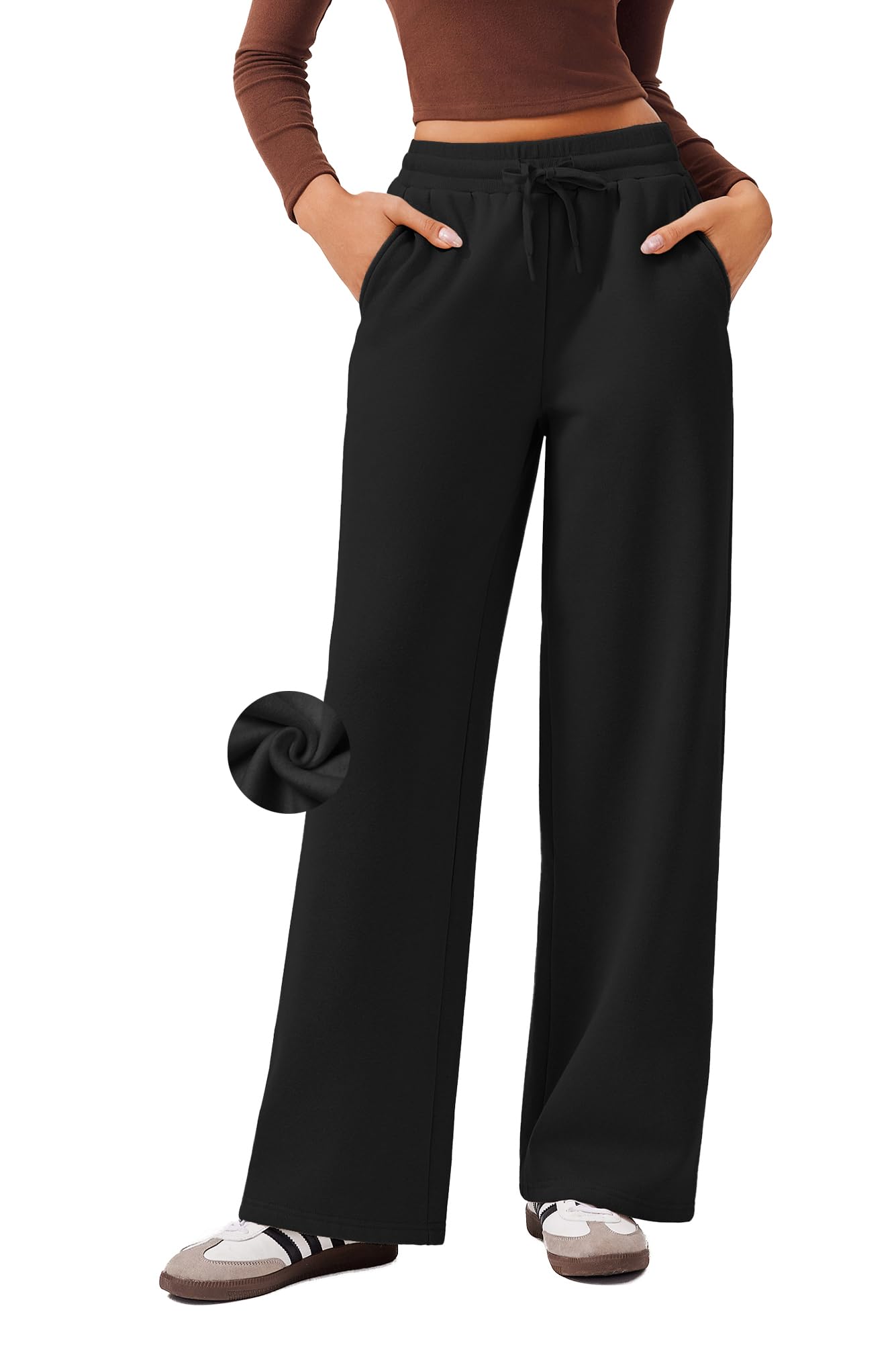 PINSPARK Womens Fleece Wide Leg Sweatpants High Waisted Athletic Sweat Pants Winter Baggy Workout Pant with Pocket