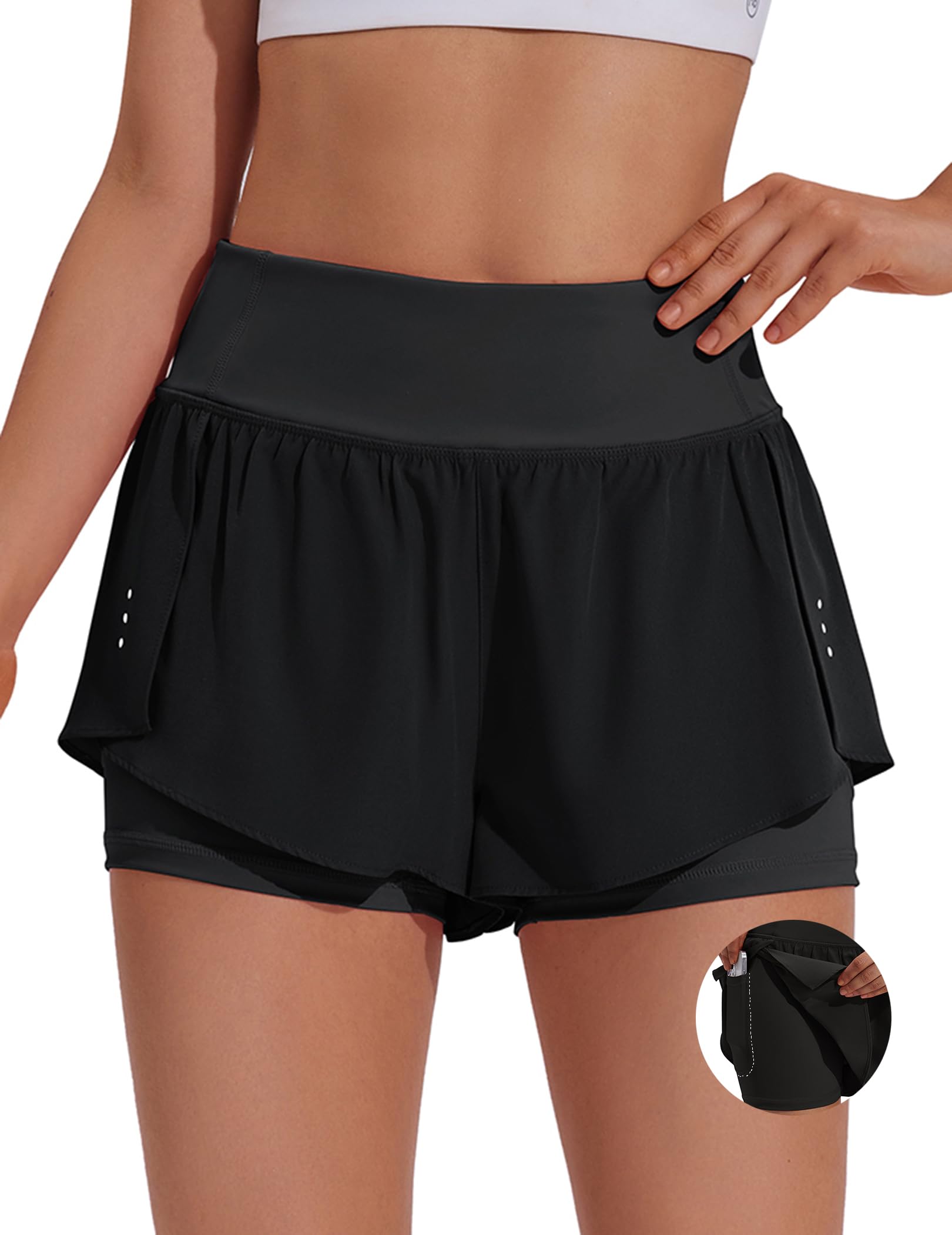 PINSPARK 2 in 1 Athletic Shorts for Women Biker Underneath Running Shorts High Waisted Gym Workout Short with Side Pockets