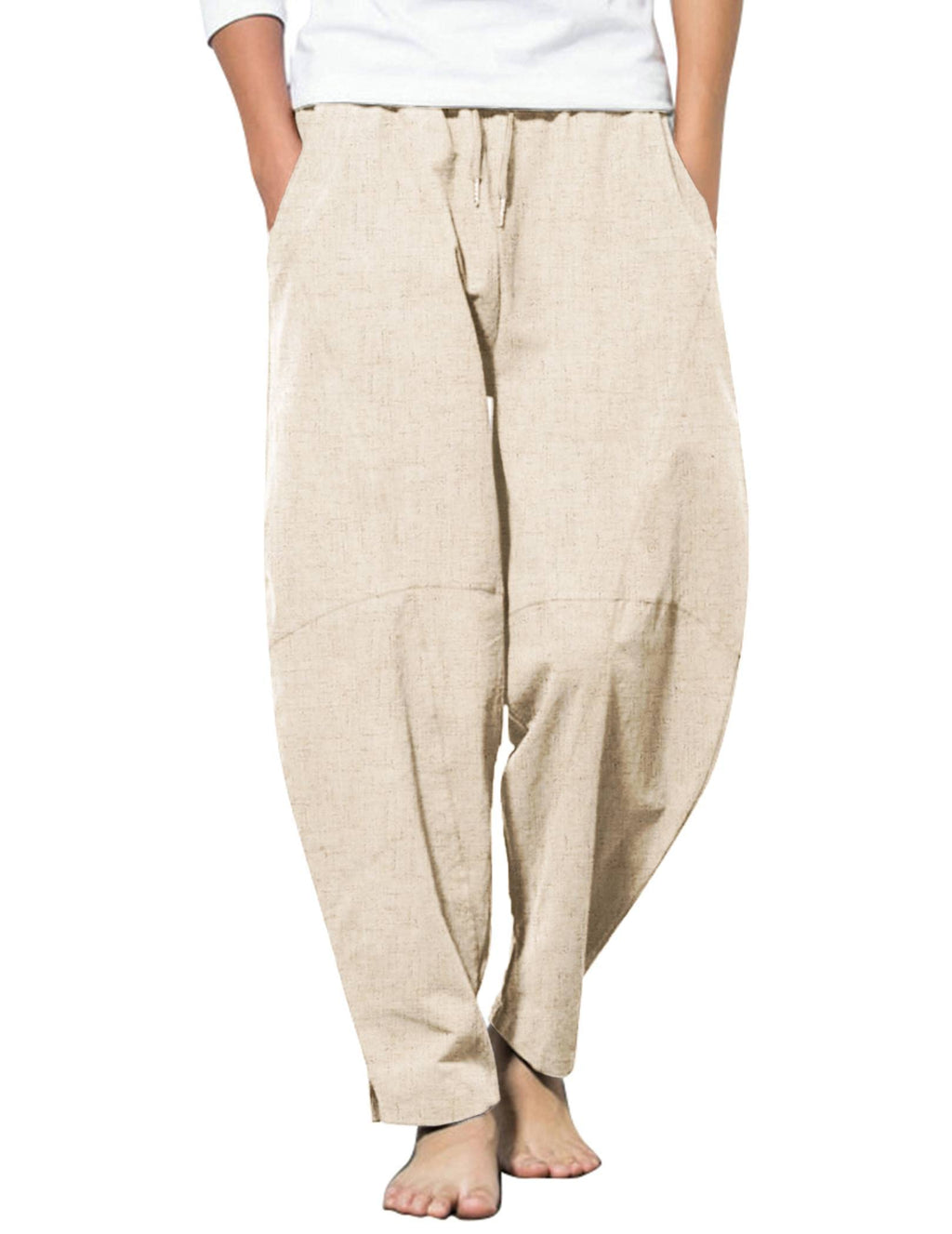 COOFANDY Men Linen Beach Pant Lightweight Wide Leg Casual Harem Pant with Pocket A - Black