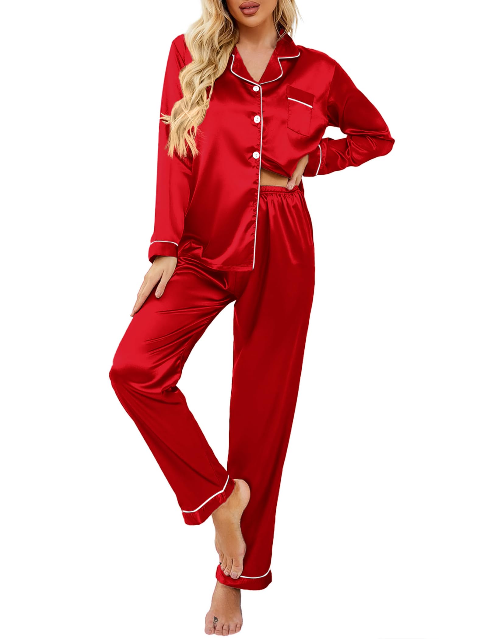 Ekouaer Women's Classic Button Down Long Satin Silk Pajama Set