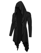 COOFANDY Long Hooded Cardigan Ruffle Shawl Collar Open Front Lightweight Drape Cape Overcoat with Pockets (Black Pattern, M)