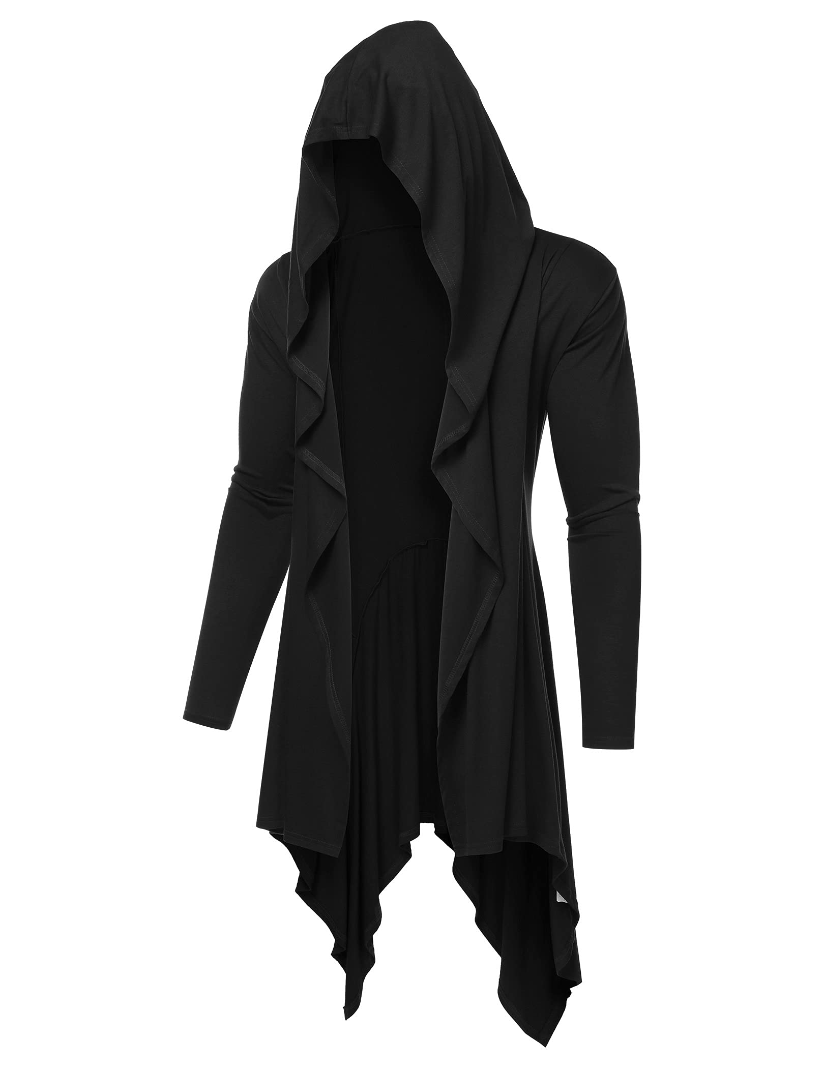 COOFANDY Long Hooded Cardigan Ruffle Shawl Collar Open Front Lightweight Drape Cape Overcoat with Pockets (Black Pattern, M)