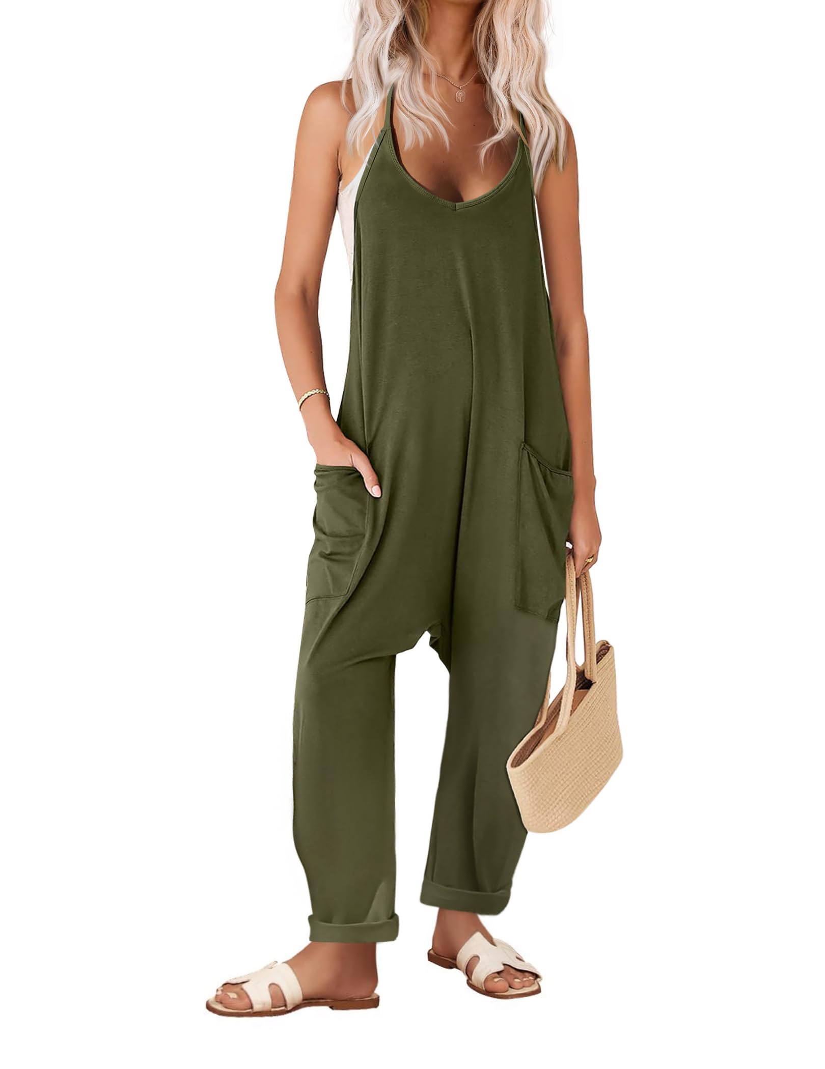 Ekouaer Womens Sleeveless Jumpsuit Loose Spaghetti Strap Baggy Overalls Jumpers Casual Long Pants Rompers with Pockets 2025