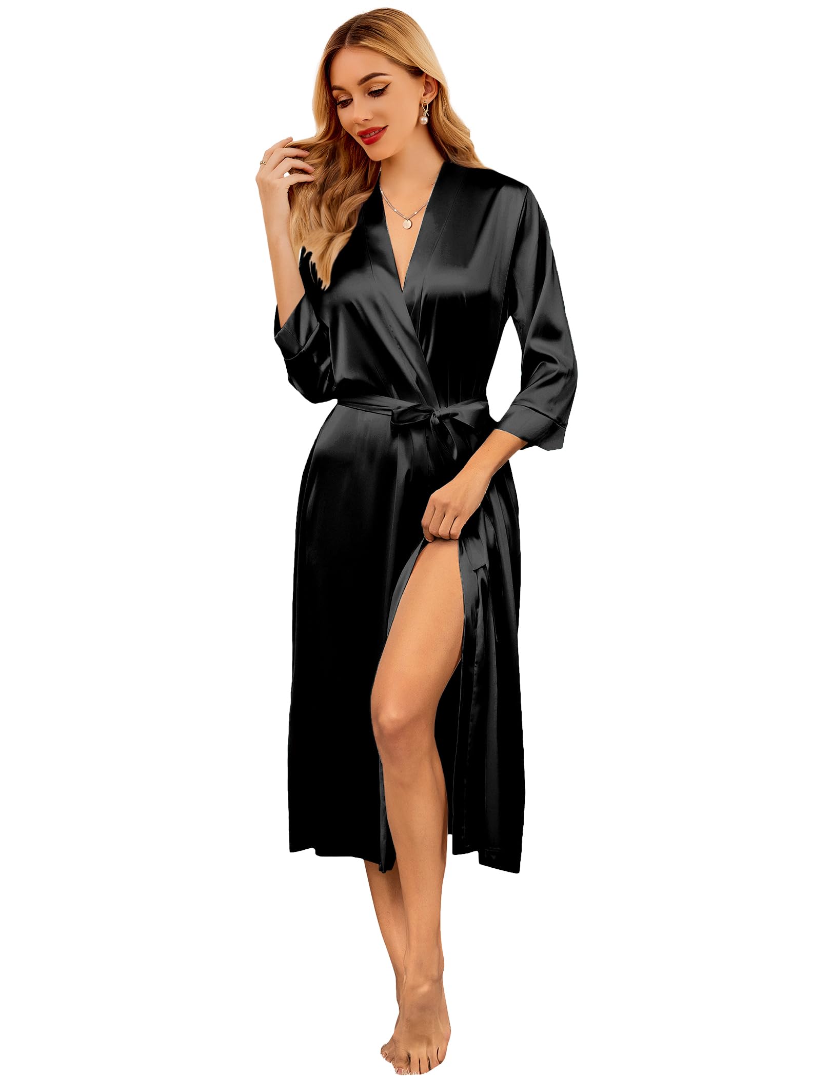 Ekouaer Silk Robes for Women Long Satin Bride Bridesmaid Wedding Party Robes Lightweight Sexy Sleepwear with Pockets