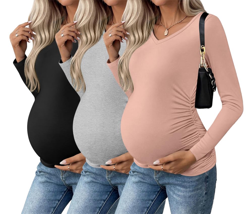 Ekouaer Womens Maternity Shirts Long Sleeve 3 Packs Pregnancy V-Neck Clothes Side Ruched Blouse Tops for Mama S-XXL